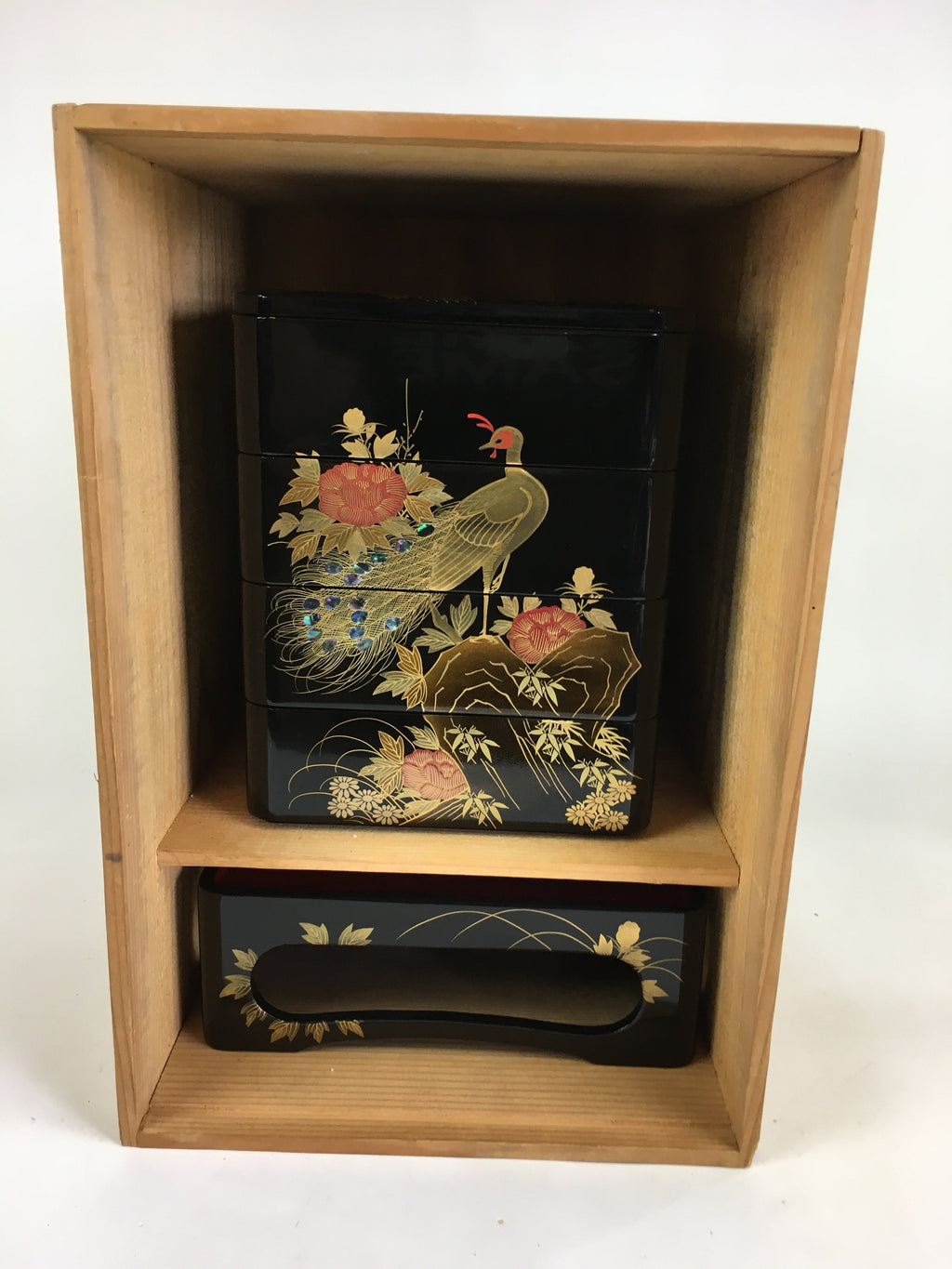 Japanese Lunch Box Jubako And Stand Vtg Black Gold Makie Abalone PX610