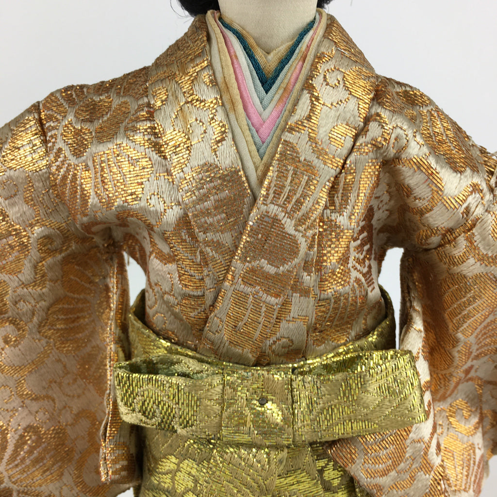 Japanese Man Hina Doll Vtg Figurine Fabric Golden Kimono Ningyo BD798
