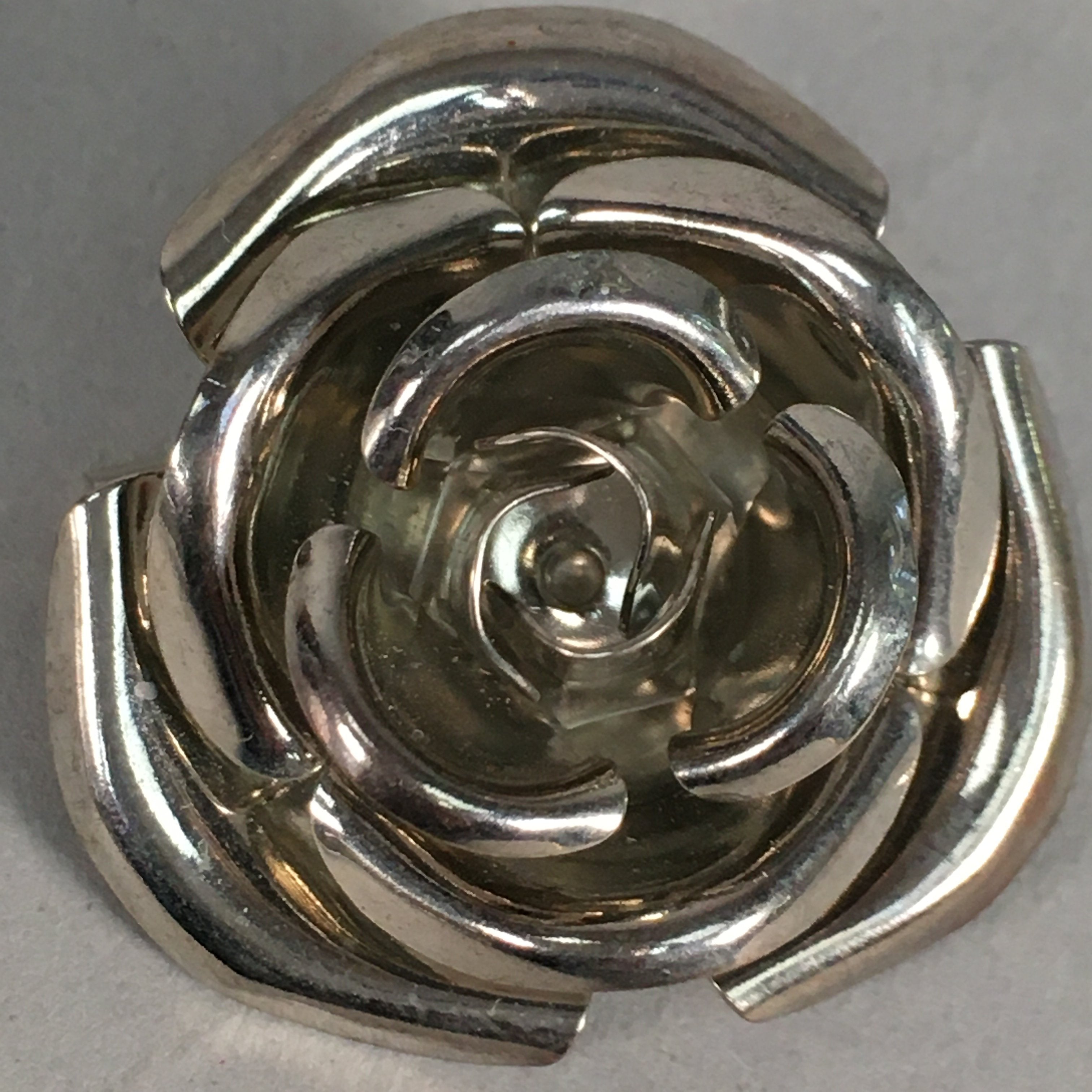 Japanese Metal Brooch Vtg Badge Pin Flower Rose 3-Dimensional 3D Silver JK82