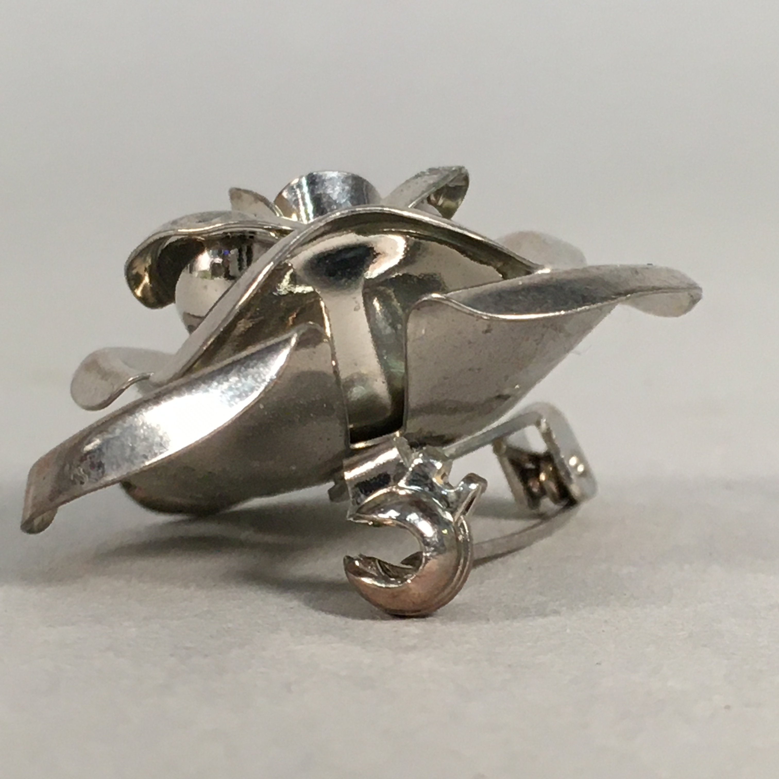 Japanese Metal Brooch Vtg Badge Pin Flower Rose 3-Dimensional 3D Silver JK82