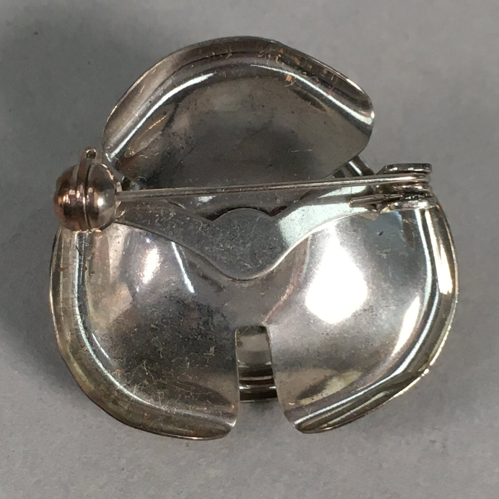 Japanese Metal Brooch Vtg Badge Pin Flower Rose 3-Dimensional 3D Silver JK82