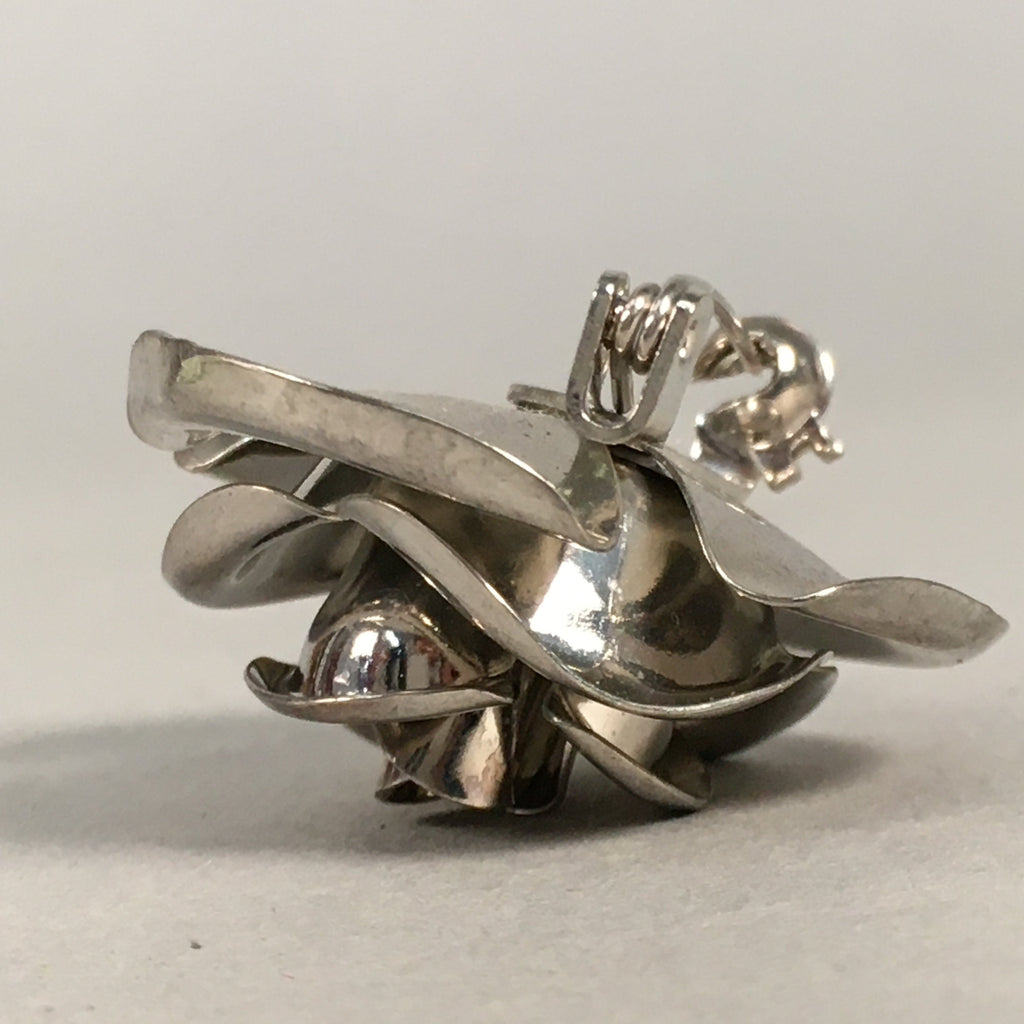 Japanese Metal Brooch Vtg Badge Pin Flower Rose 3-Dimensional 3D Silver JK82