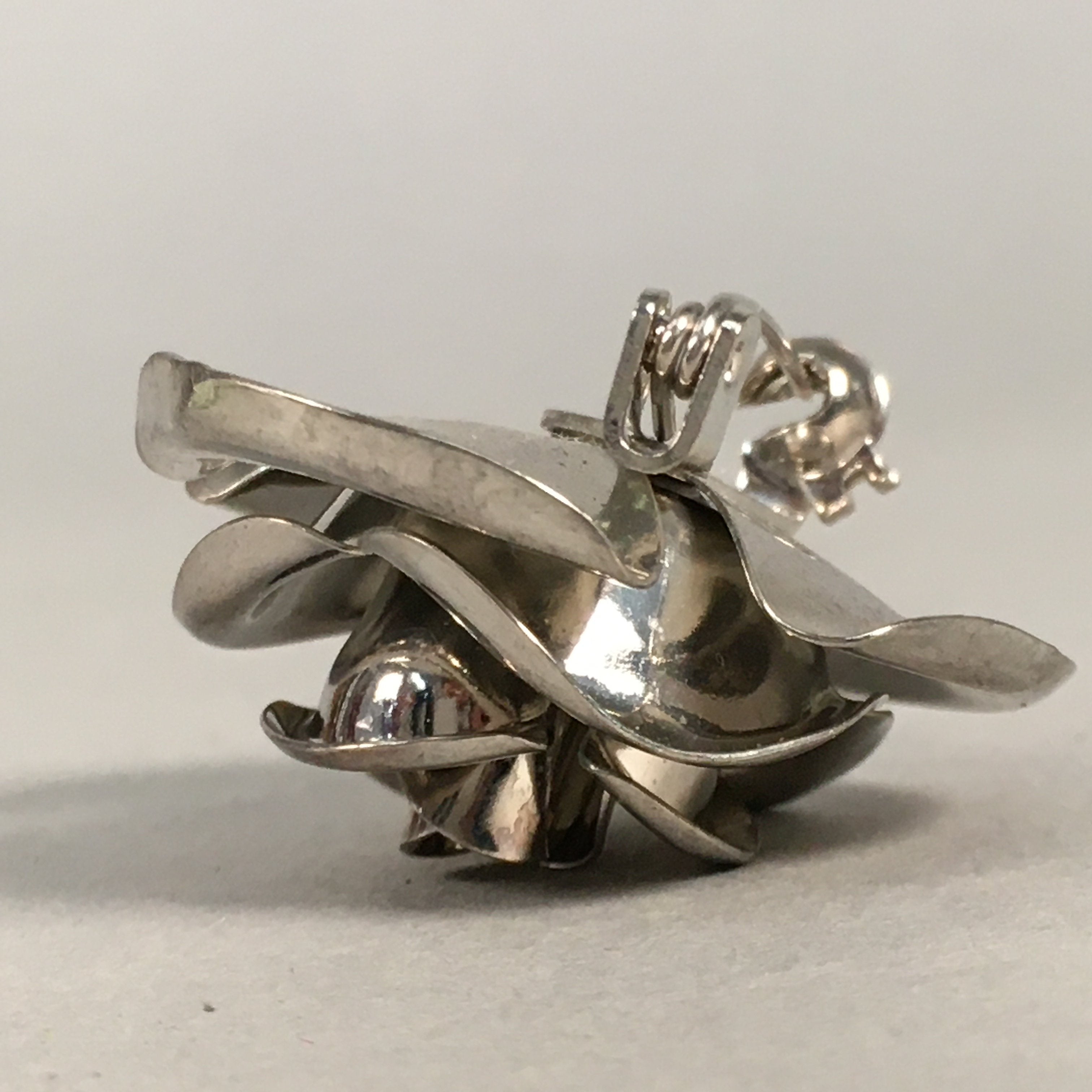 Japanese Metal Brooch Vtg Badge Pin Flower Rose 3-Dimensional 3D Silver JK82