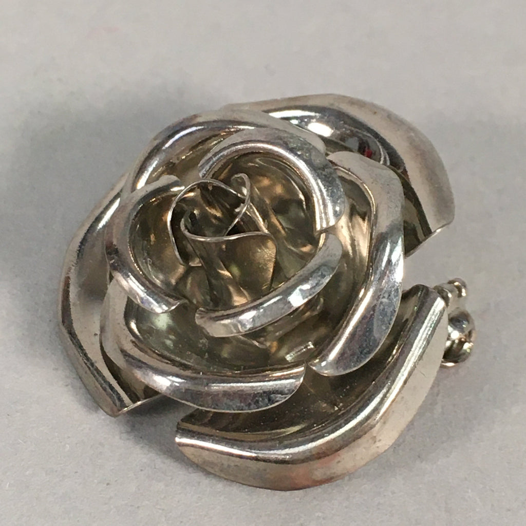 Japanese Metal Brooch Vtg Badge Pin Flower Rose 3-Dimensional 3D Silver JK82