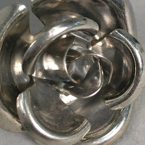 Japanese Metal Brooch Vtg Badge Pin Flower Rose 3-Dimensional 3D Silver JK83