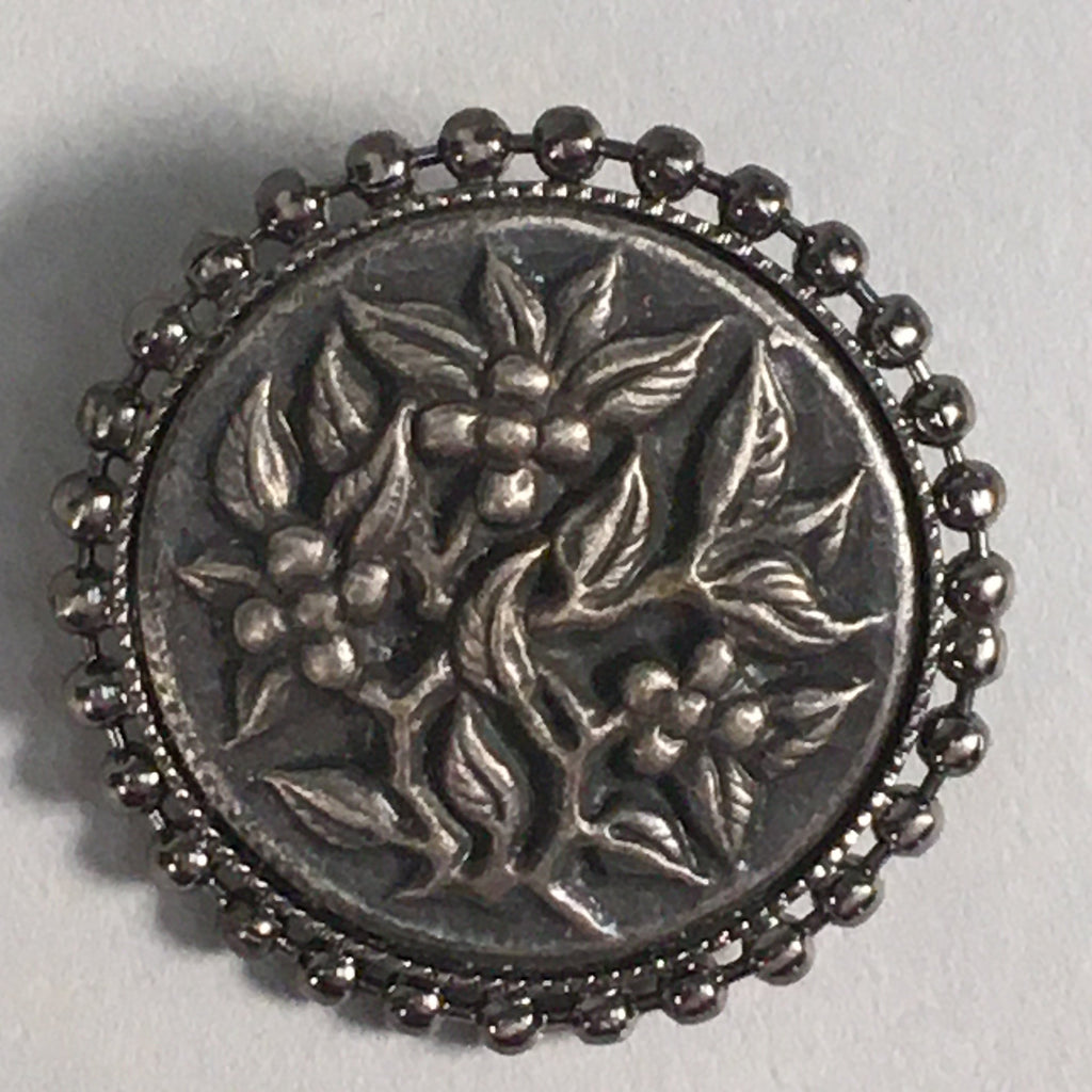 Japanese Metal Brooch Vtg Badge Pin Round Flower Frame Gray Silver JK94