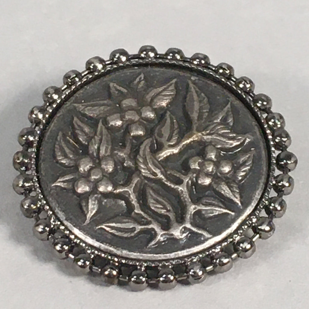 Japanese Metal Brooch Vtg Badge Pin Round Flower Frame Gray Silver JK94