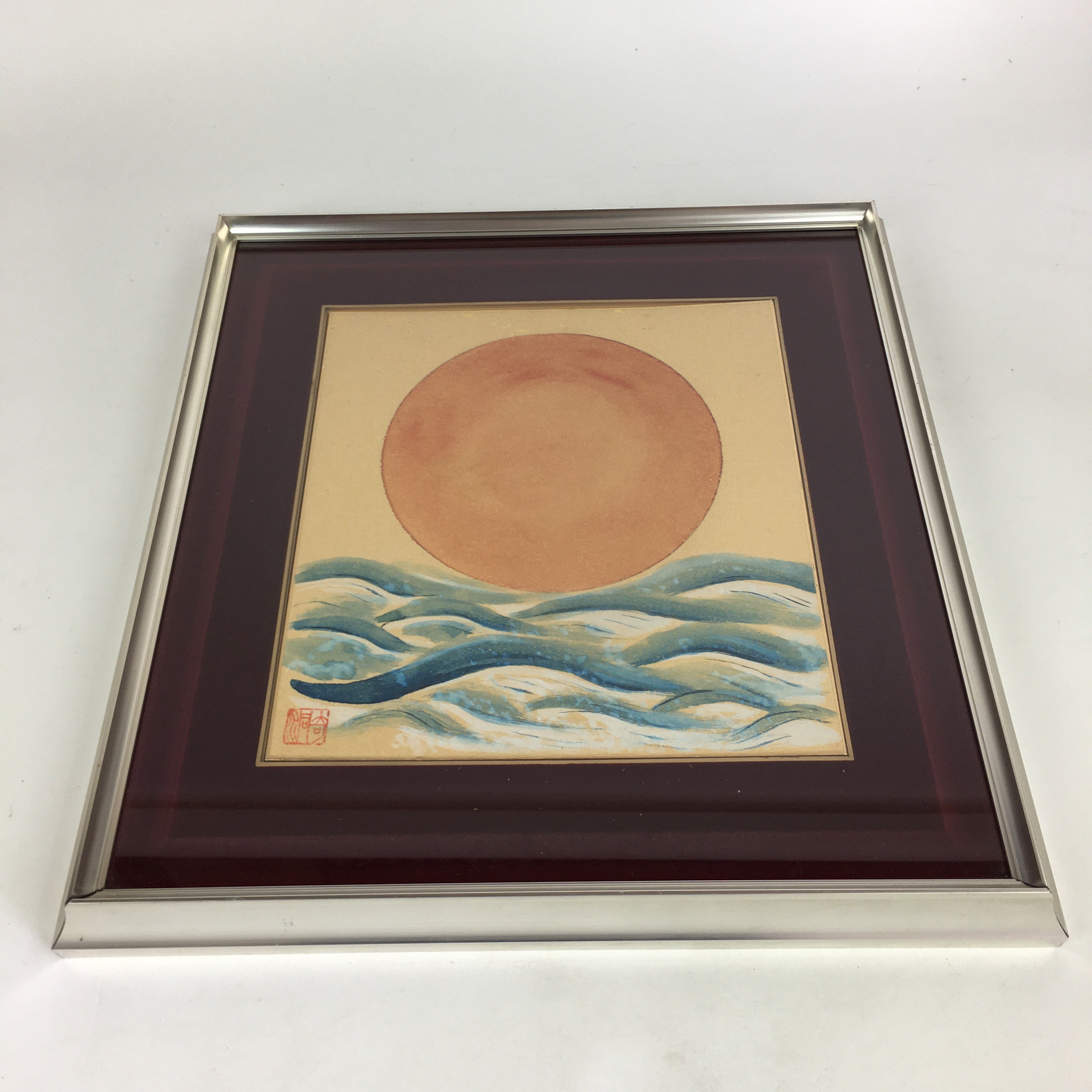 Japanese Metal Framed Shikishi Paper Art Vtg Gold Sun Ocean Painting FL62