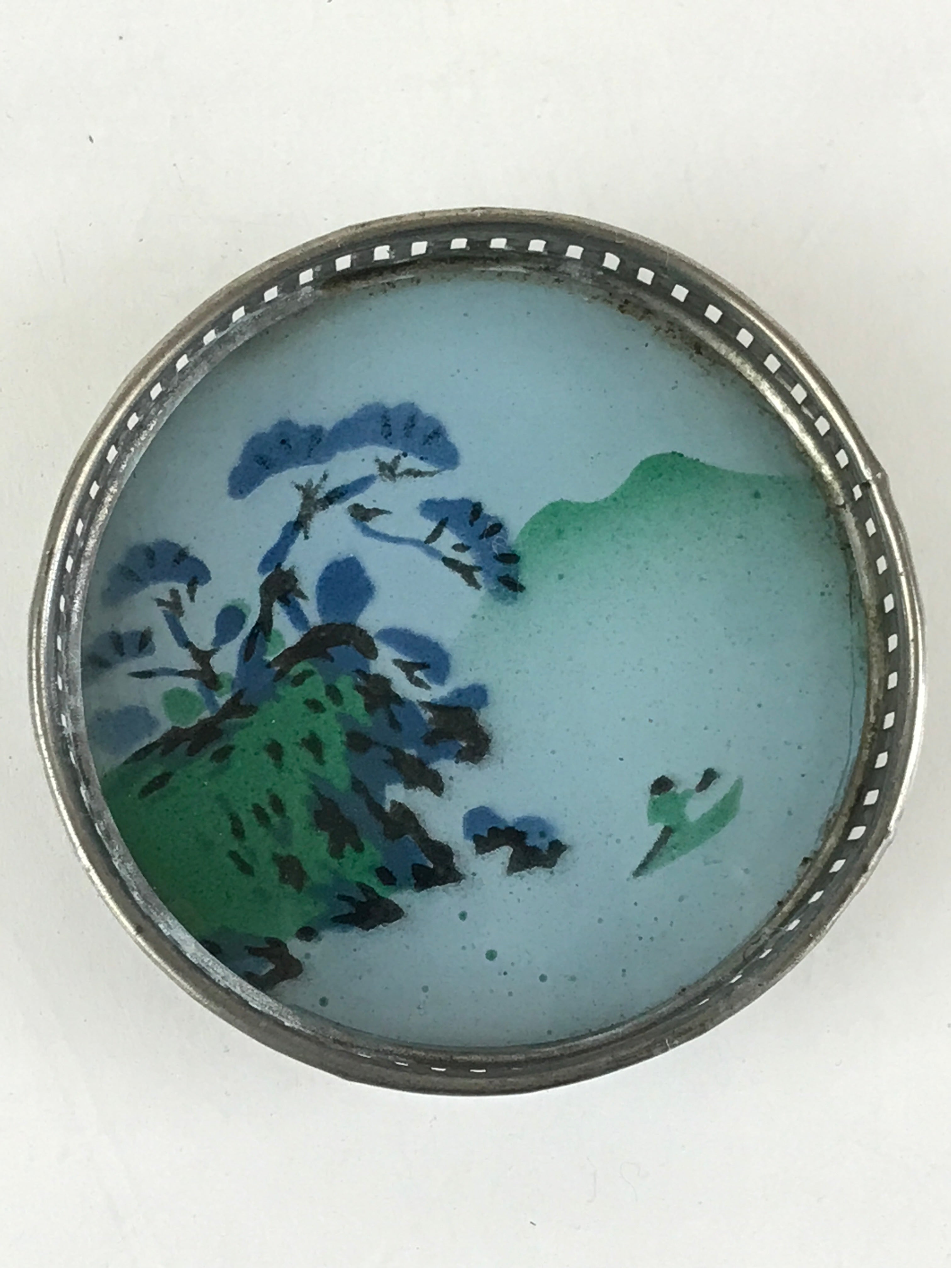 Japanese Metal Glass Fusuma Door Handle Vtg Mountain Scenery Accessory Case JK47