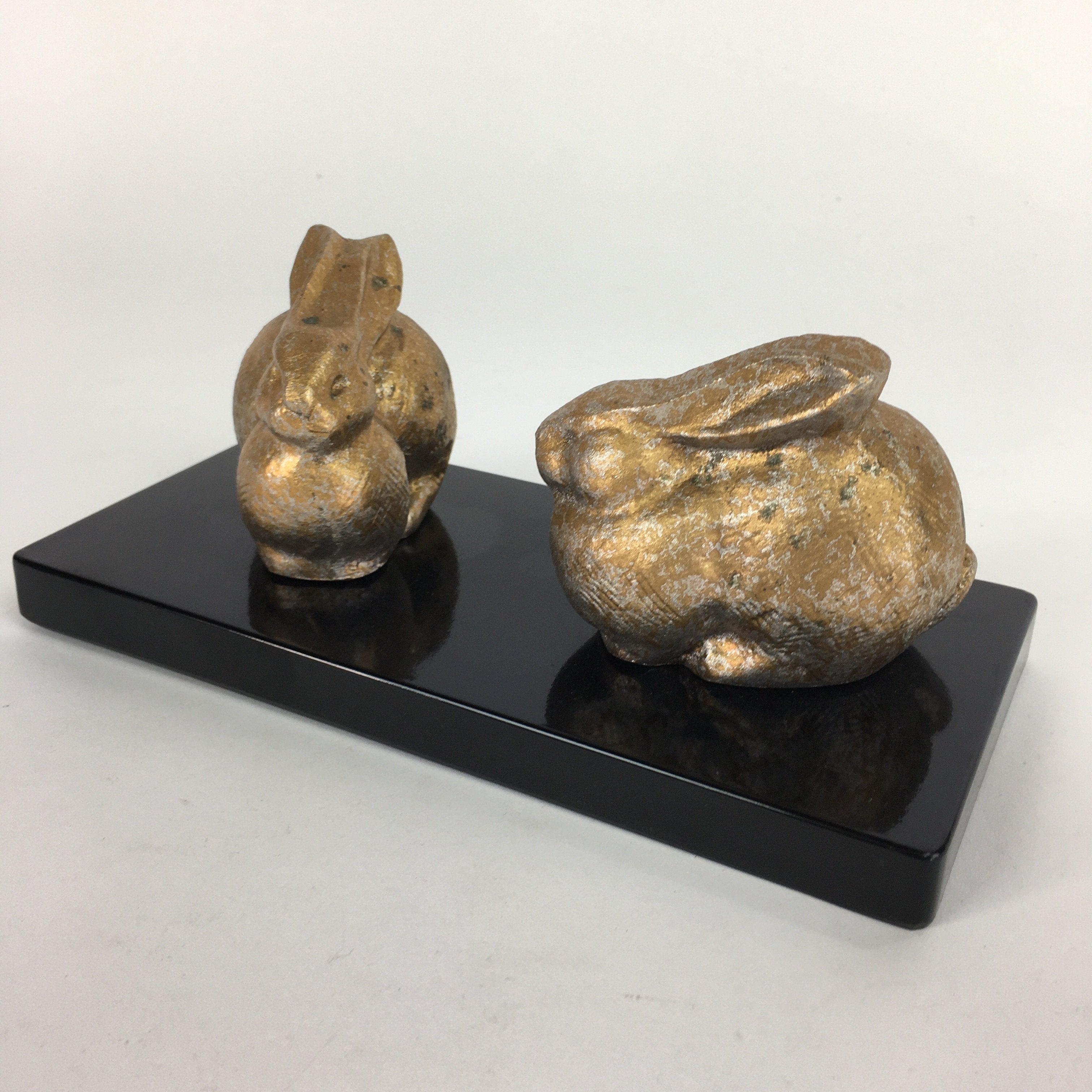 Japanese Metal Gold Rabbits Vtg Display Ornament Okimono Lacquered Board BD641