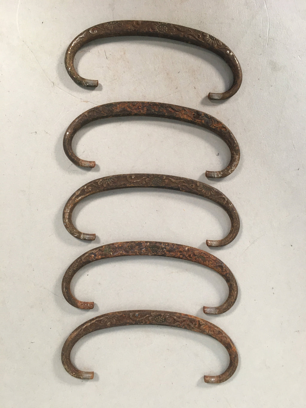 Japanese Metal Parts Chest Tansu Vtg Iron Handle 5pc Set Floral Relief JK150