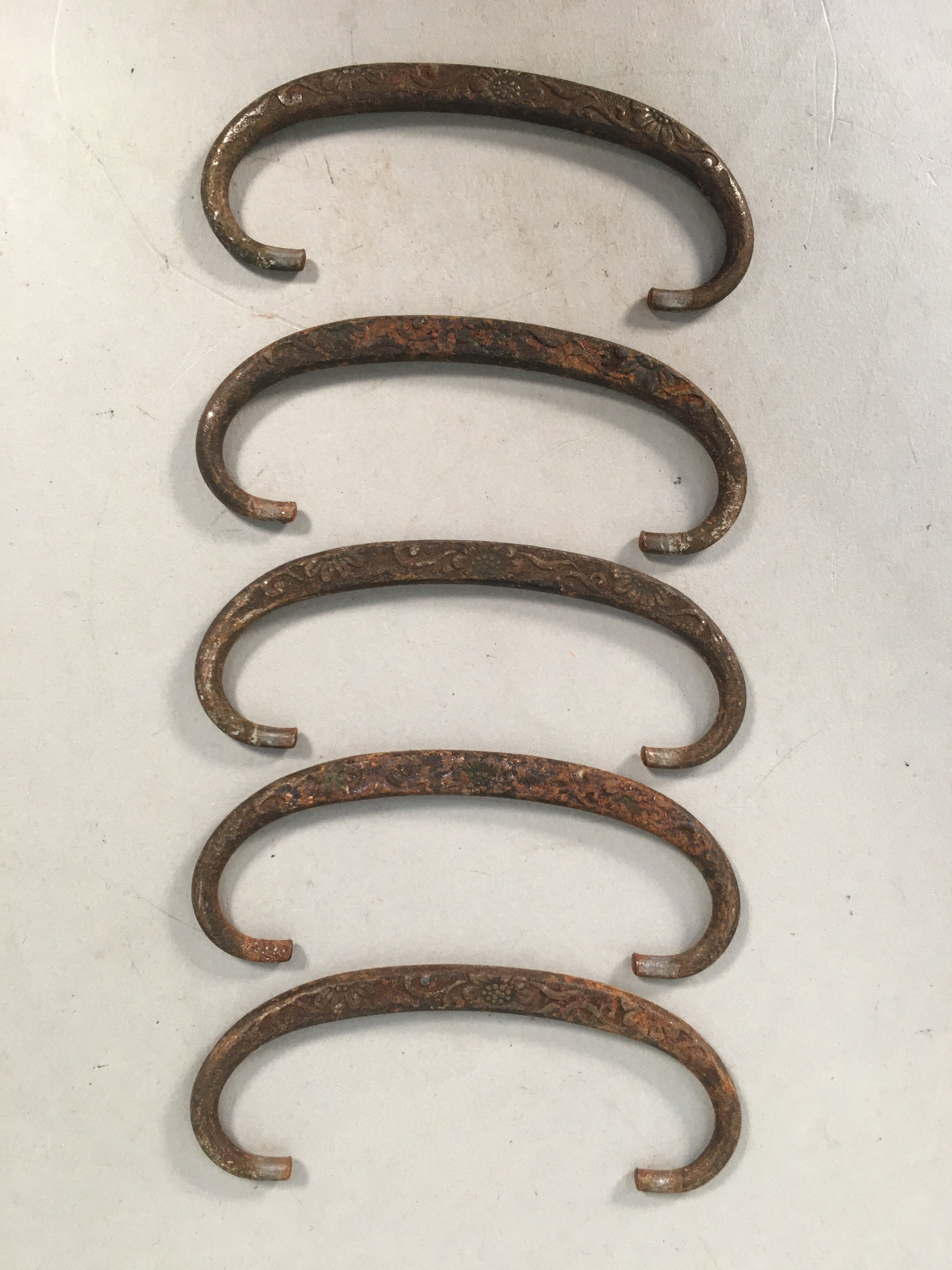 Japanese Metal Parts Chest Tansu Vtg Iron Handle 5pc Set Floral Relief JK150
