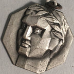 Japanese Metal Pendant Vtg Man Head Relief Newspaper Award Kanji JK98