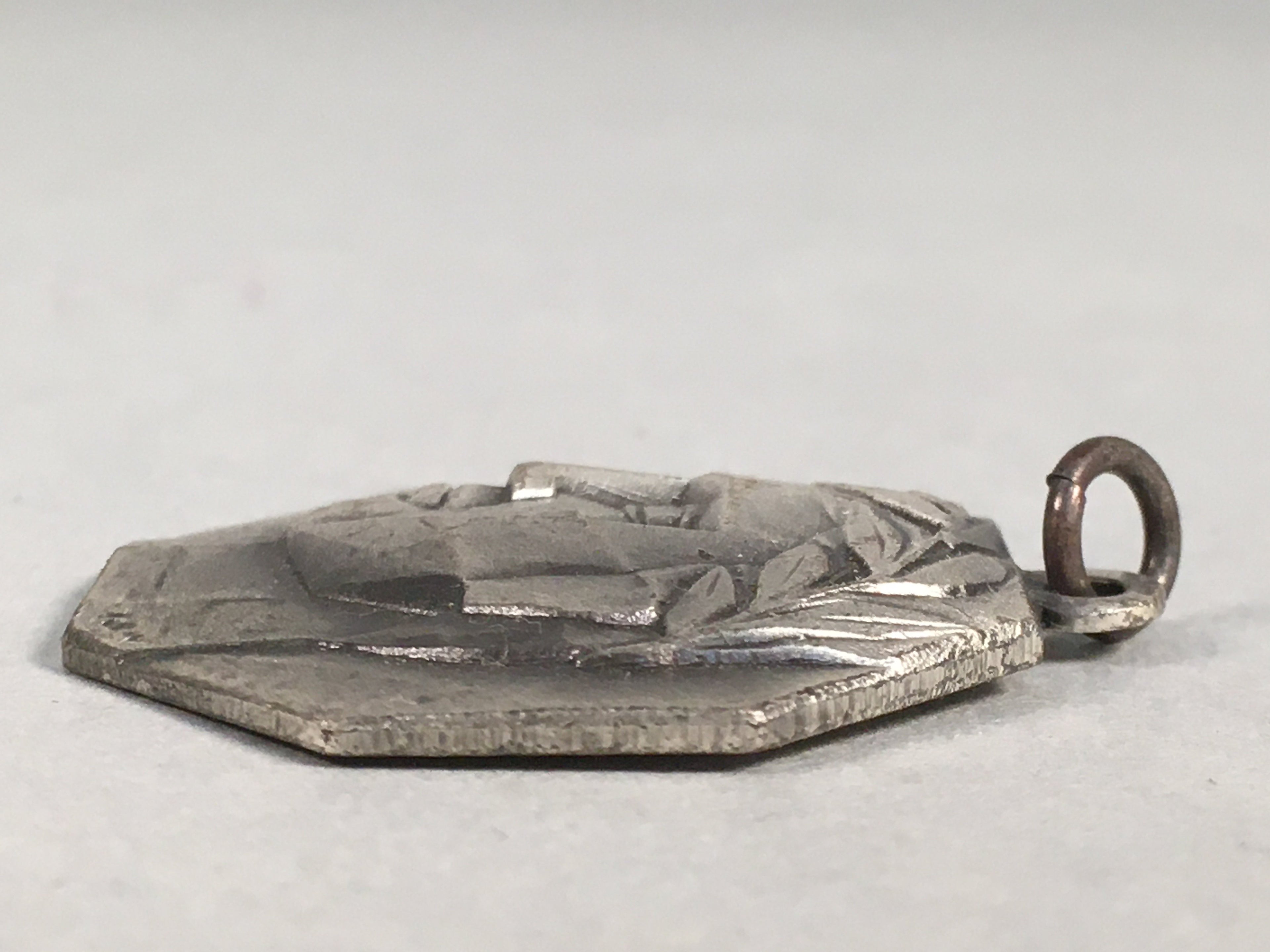 Japanese Metal Pendant Vtg Man Head Relief Newspaper Award Kanji JK98