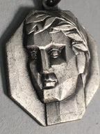 Japanese Metal Pendant Vtg Man Head Relief Newspaper Award Kanji JK98