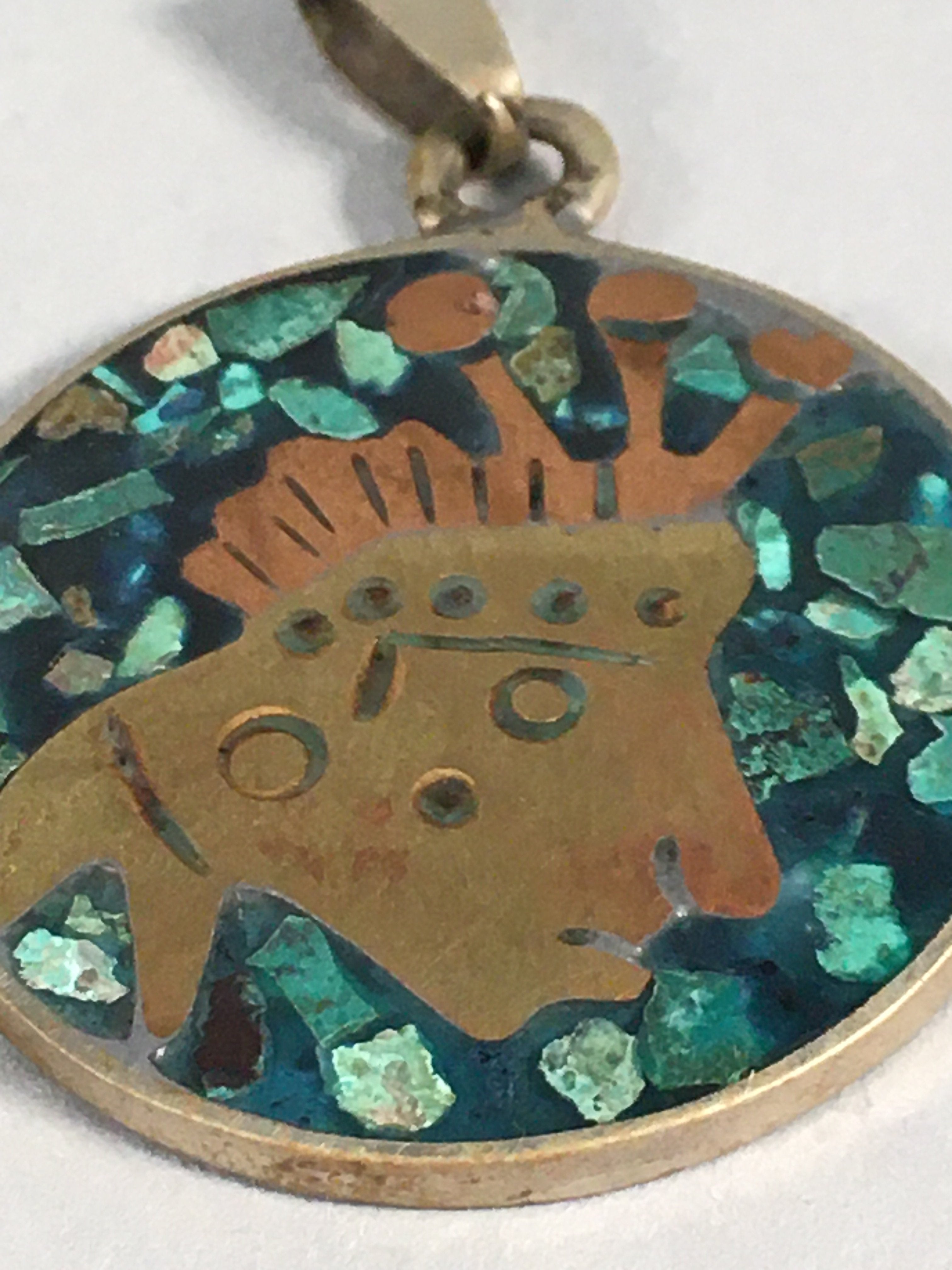 Japanese Metal Round Pendant Vtg Reversible Green Abstract Design JK53