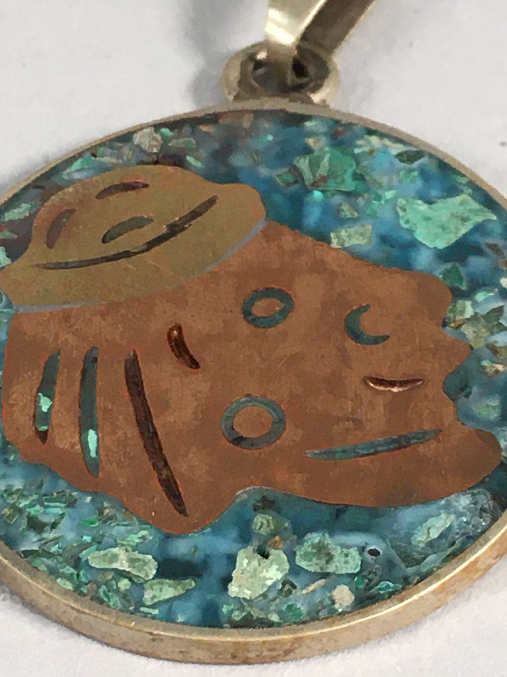 Japanese Metal Round Pendant Vtg Reversible Green Abstract Design JK53