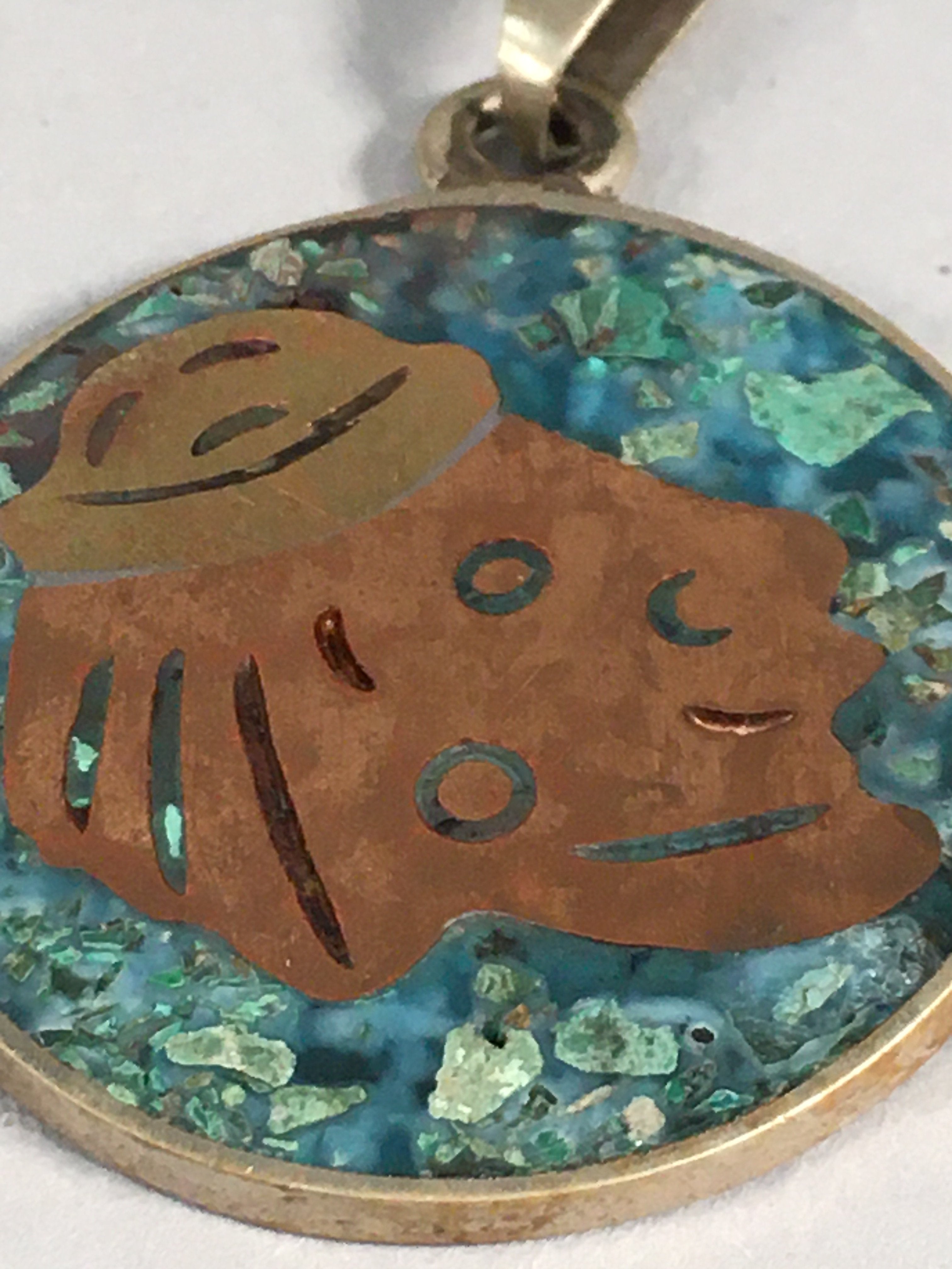 Japanese Metal Round Pendant Vtg Reversible Green Abstract Design JK53