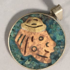 Japanese Metal Round Pendant Vtg Reversible Green Abstract Design JK53