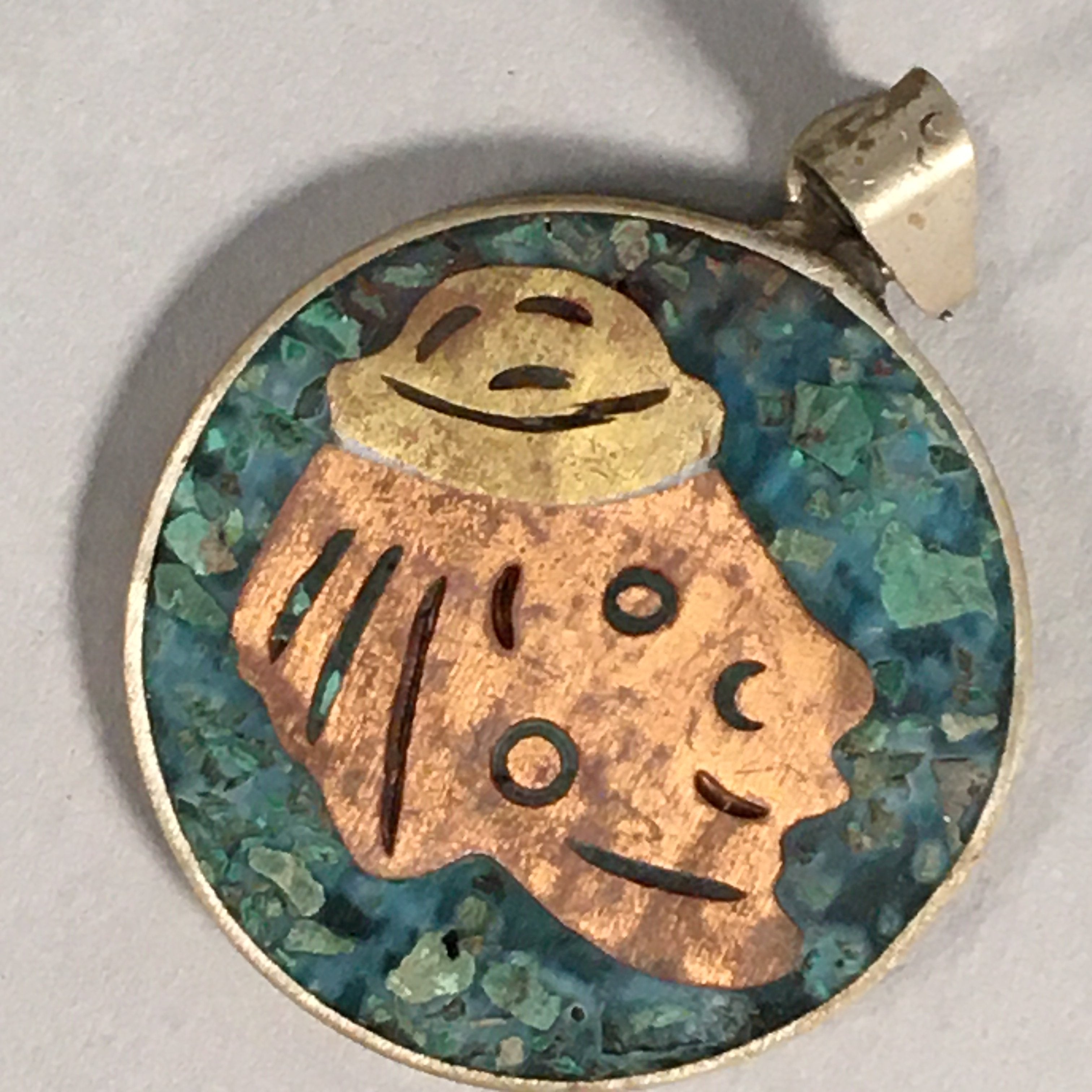 Japanese Metal Round Pendant Vtg Reversible Green Abstract Design JK53