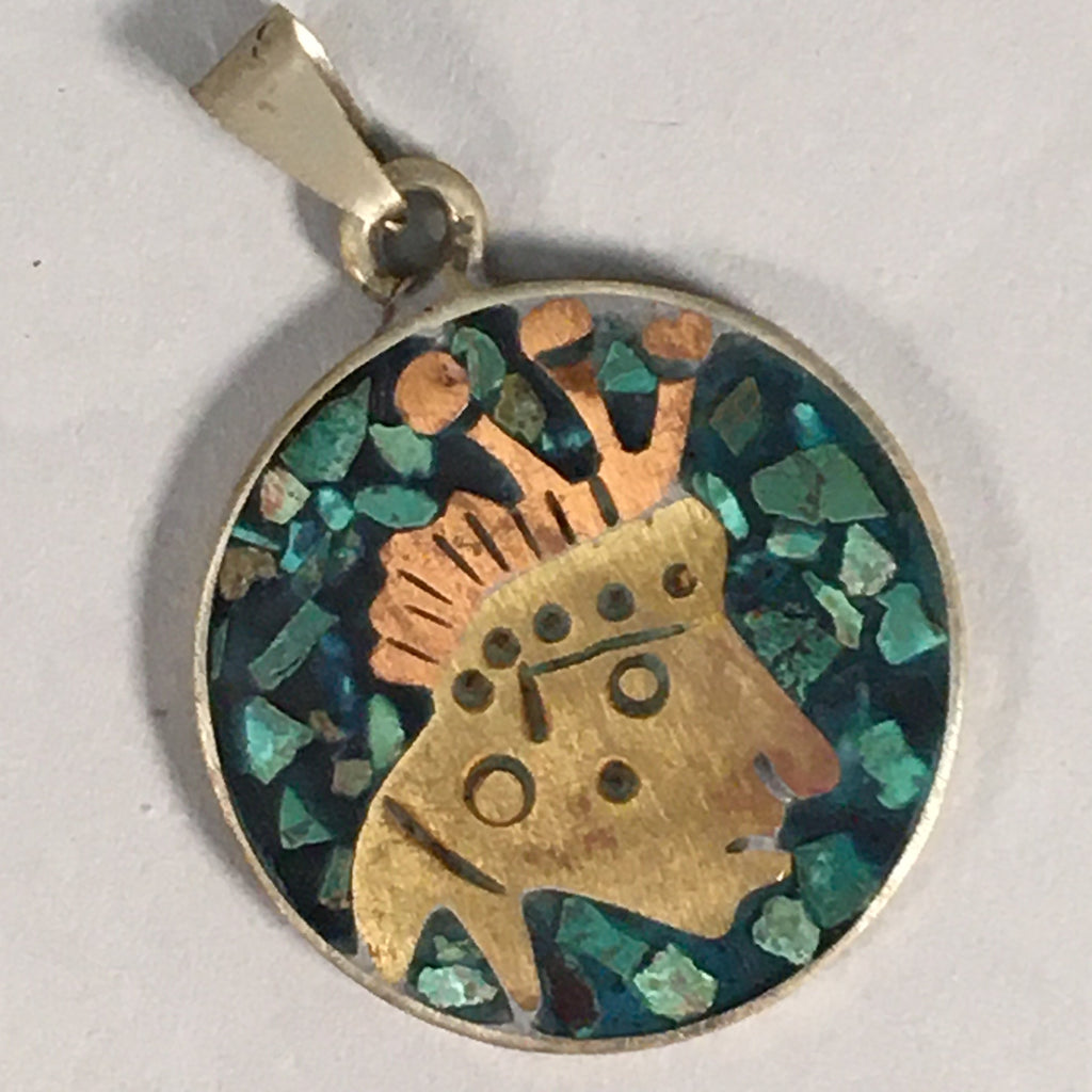 Japanese Metal Round Pendant Vtg Reversible Green Abstract Design JK53