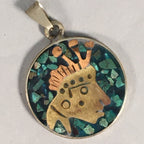 Japanese Metal Round Pendant Vtg Reversible Green Abstract Design JK53