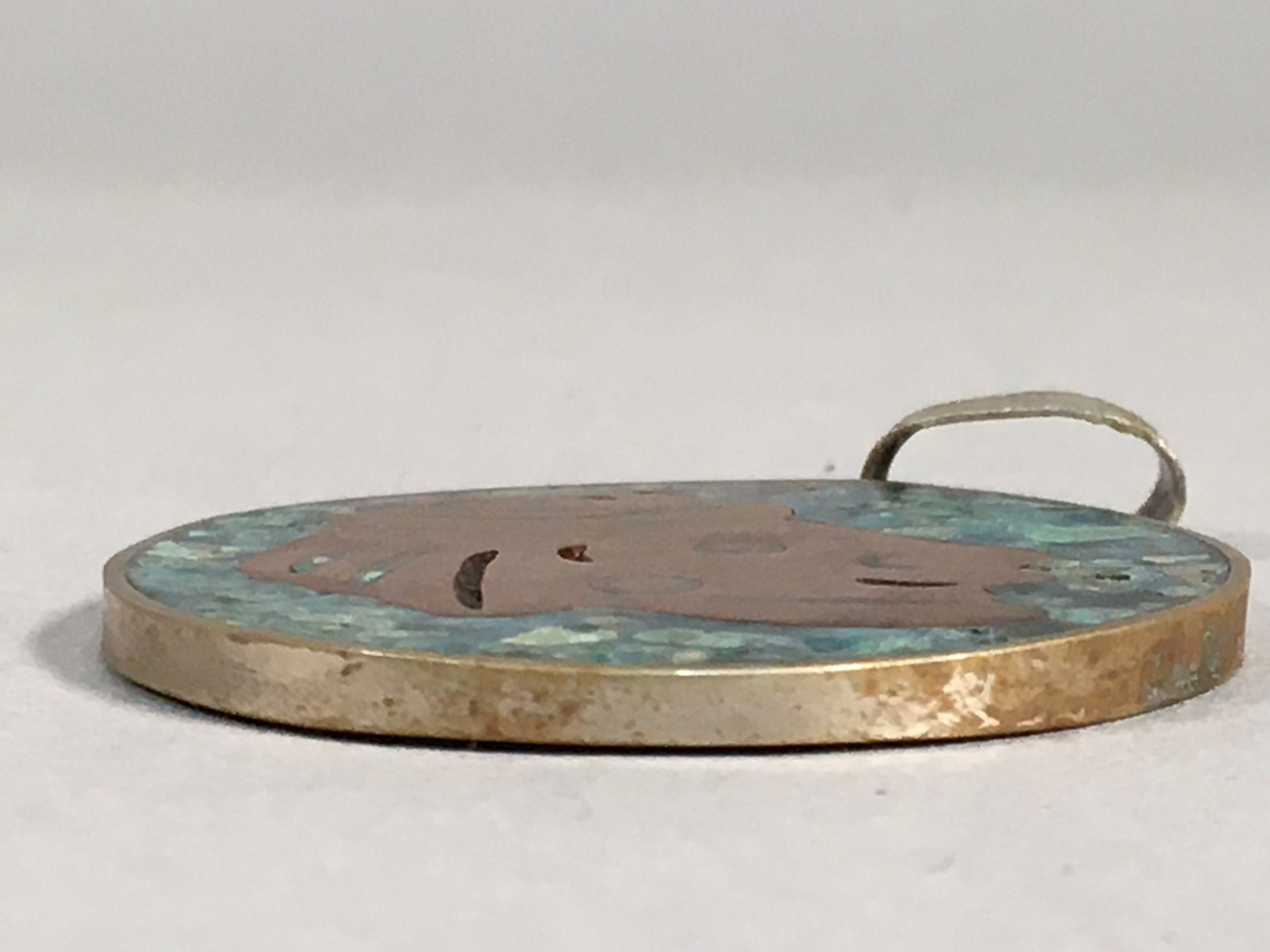 Japanese Metal Round Pendant Vtg Reversible Green Abstract Design JK53