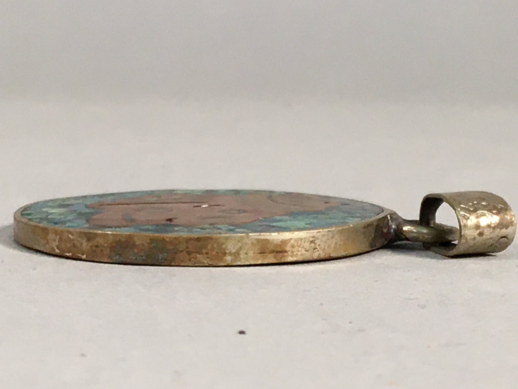 Japanese Metal Round Pendant Vtg Reversible Green Abstract Design JK53