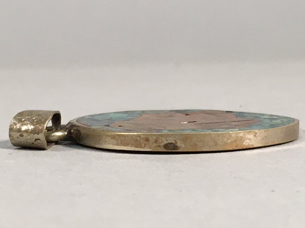 Japanese Metal Round Pendant Vtg Reversible Green Abstract Design JK53