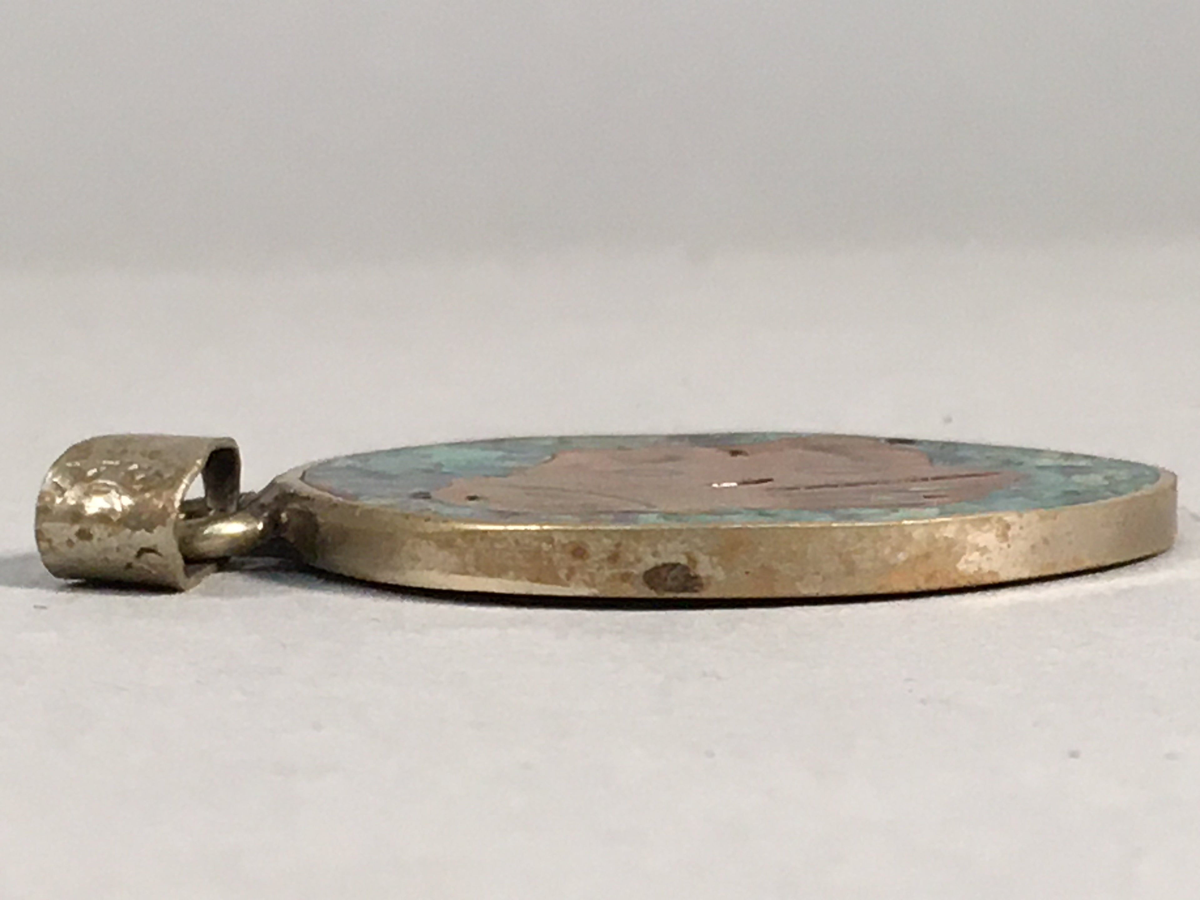 Japanese Metal Round Pendant Vtg Reversible Green Abstract Design JK53