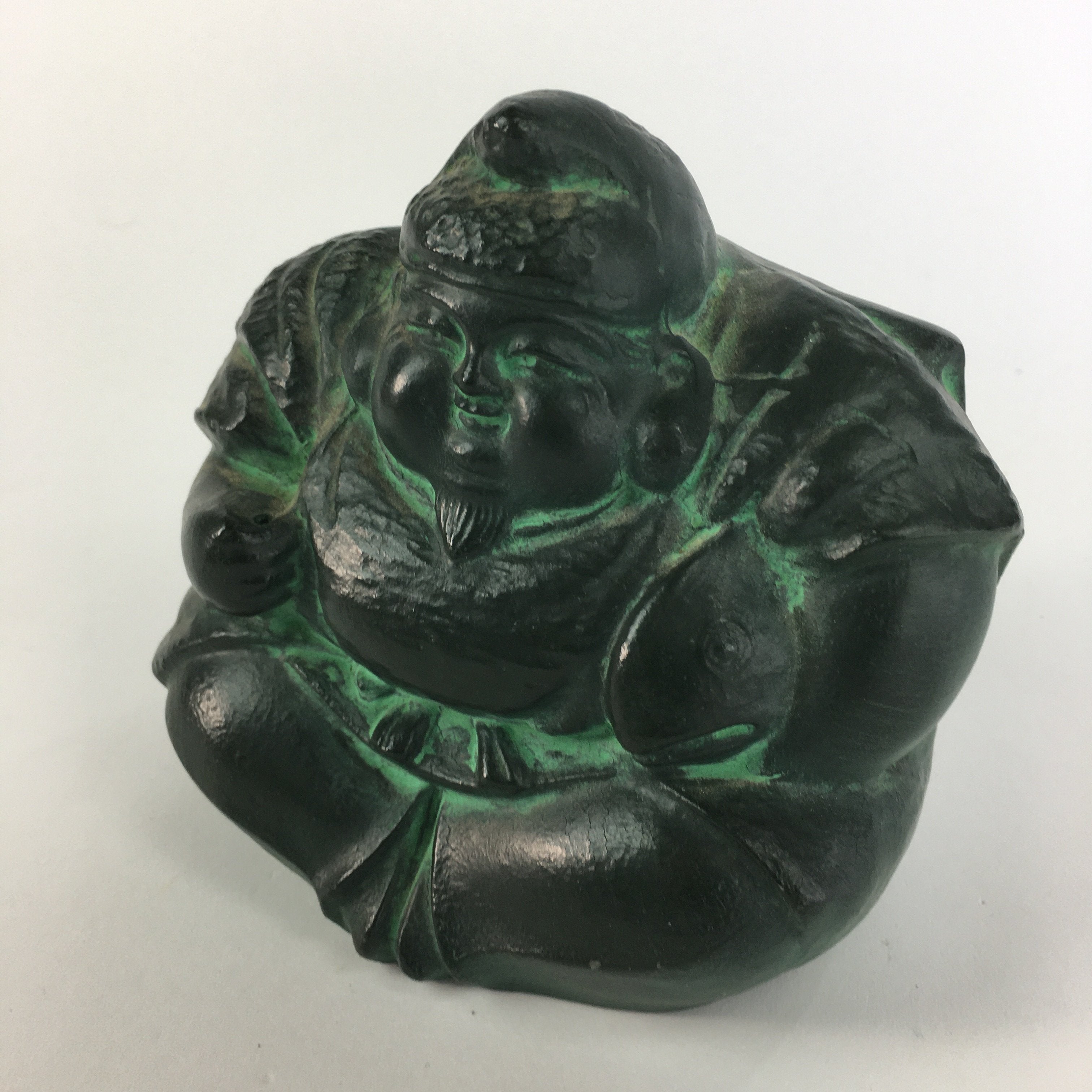 Japanese Metal Statue Ebisu Vtg 7 Gods Good Fortune Wealth Green BD631