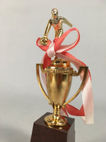 Japanese Metal Trophy Vtg Bowling Prize Award Cup Gold Red White Ribbon JK170