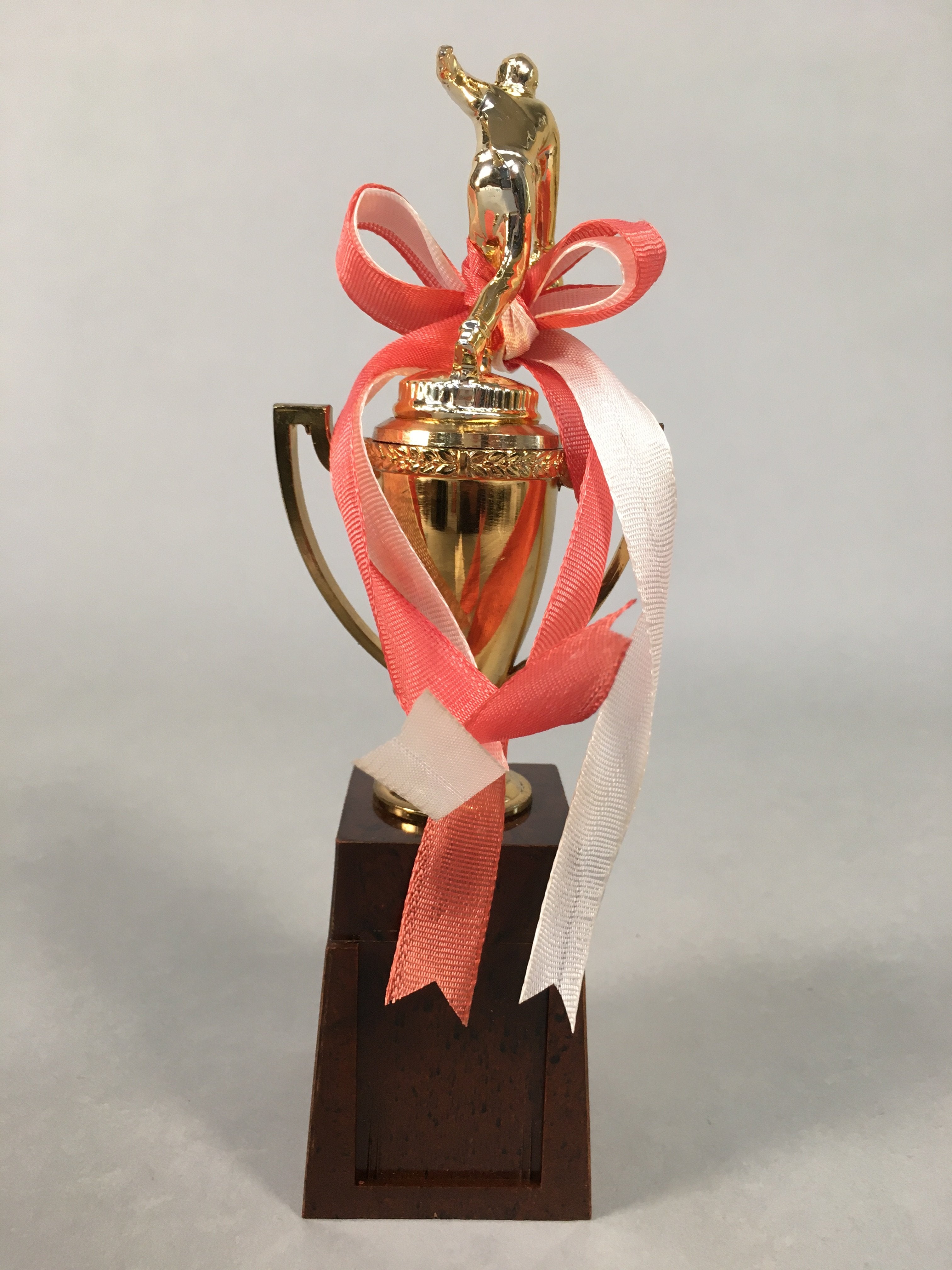 Japanese Metal Trophy Vtg Bowling Prize Award Cup Gold Red White Ribbon JK170