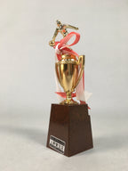 Japanese Metal Trophy Vtg Bowling Prize Award Cup Gold Red White Ribbon JK170