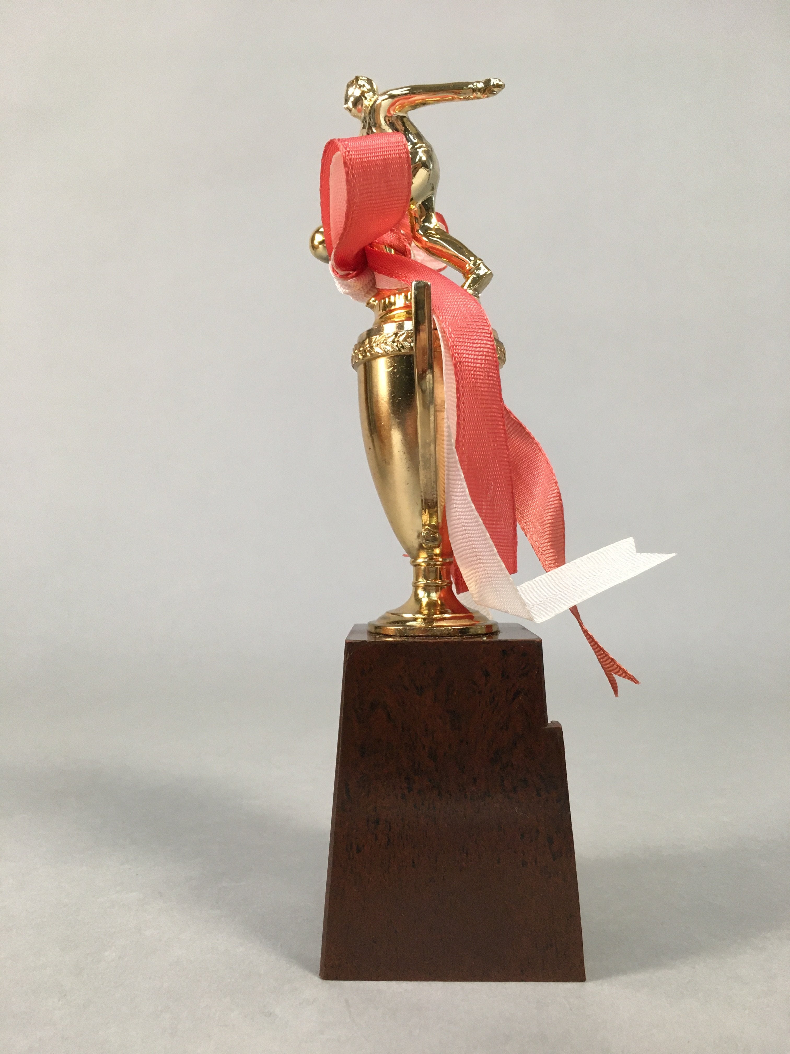 Japanese Metal Trophy Vtg Bowling Prize Award Cup Gold Red White Ribbon JK170