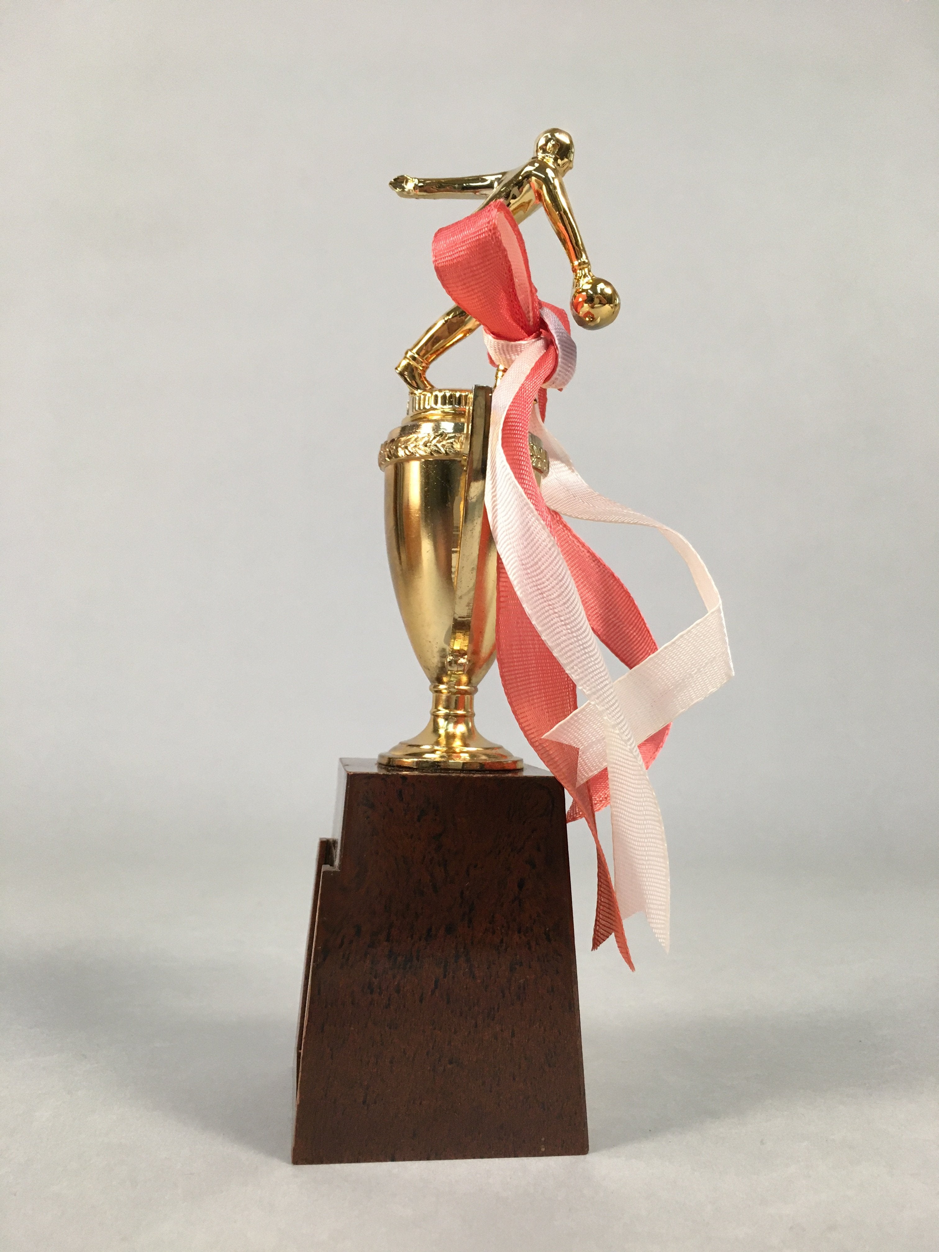 Japanese Metal Trophy Vtg Bowling Prize Award Cup Gold Red White Ribbon JK170