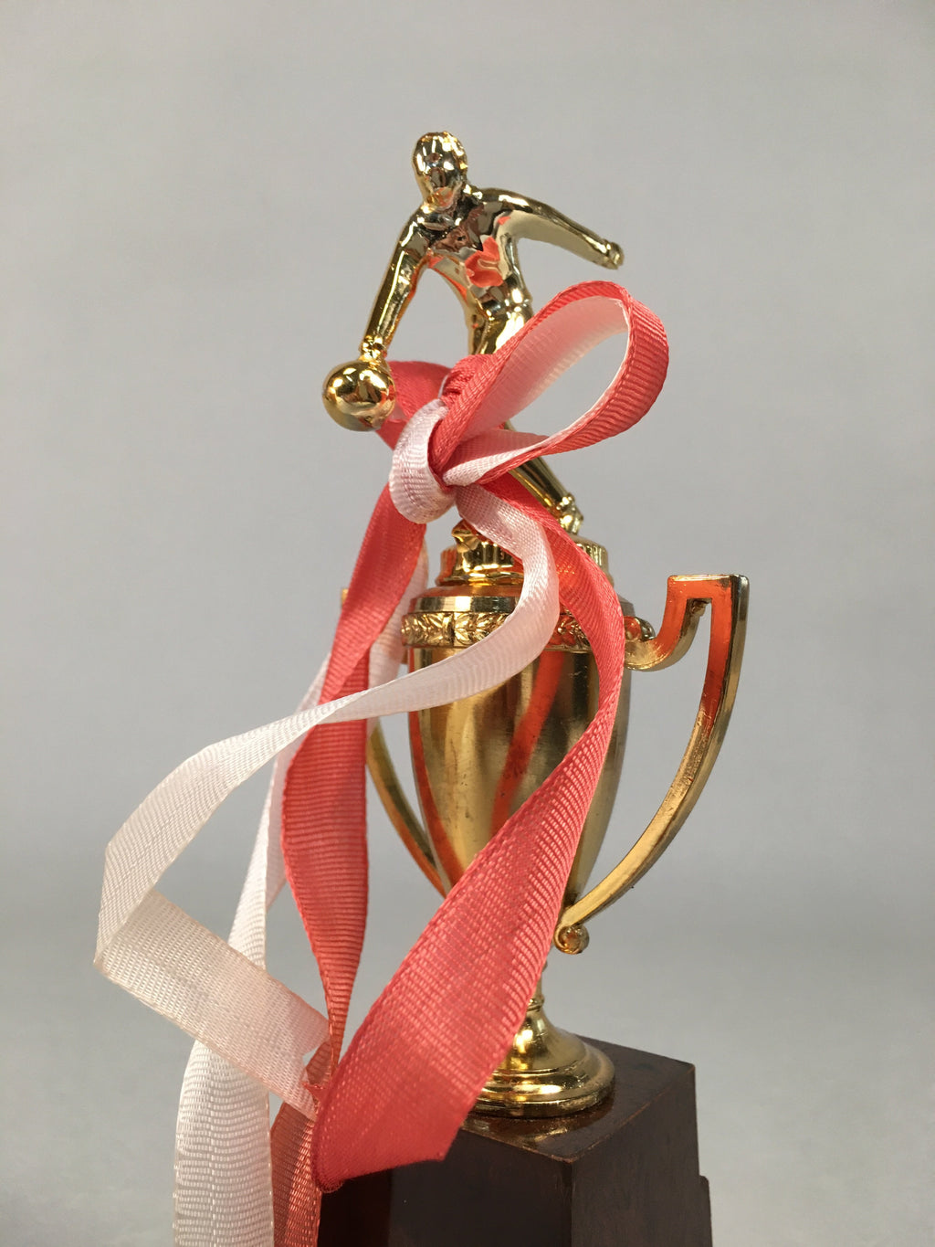 Japanese Metal Trophy Vtg Bowling Prize Award Cup Gold Red White Ribbon JK170