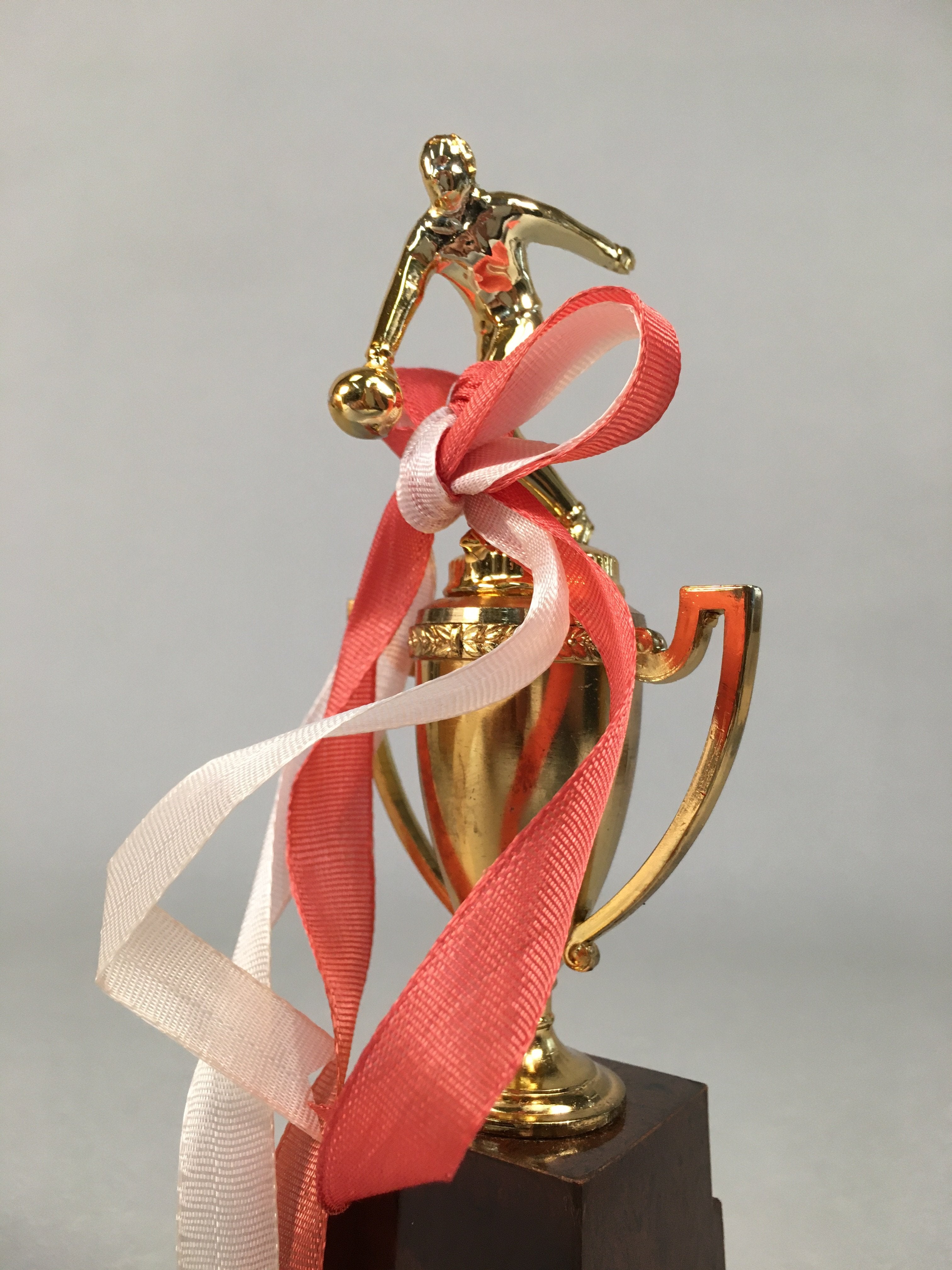 Japanese Metal Trophy Vtg Bowling Prize Award Cup Gold Red White Ribbon JK170