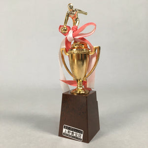 Japanese Metal Trophy Vtg Bowling Prize Award Cup Gold Red White Ribbon JK170