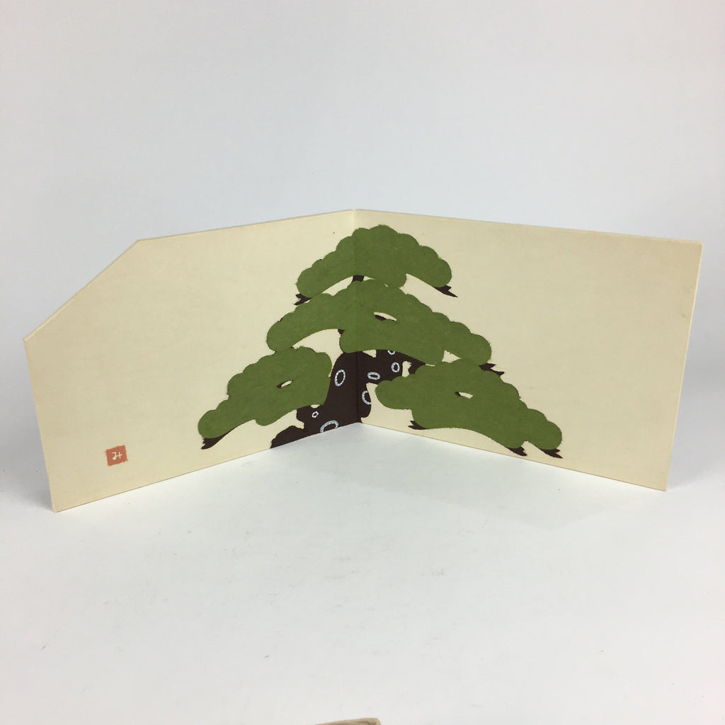 Japanese Miniature Folding Panel Screen Vtg Byobu Pine Tree Chigiri-e FL20