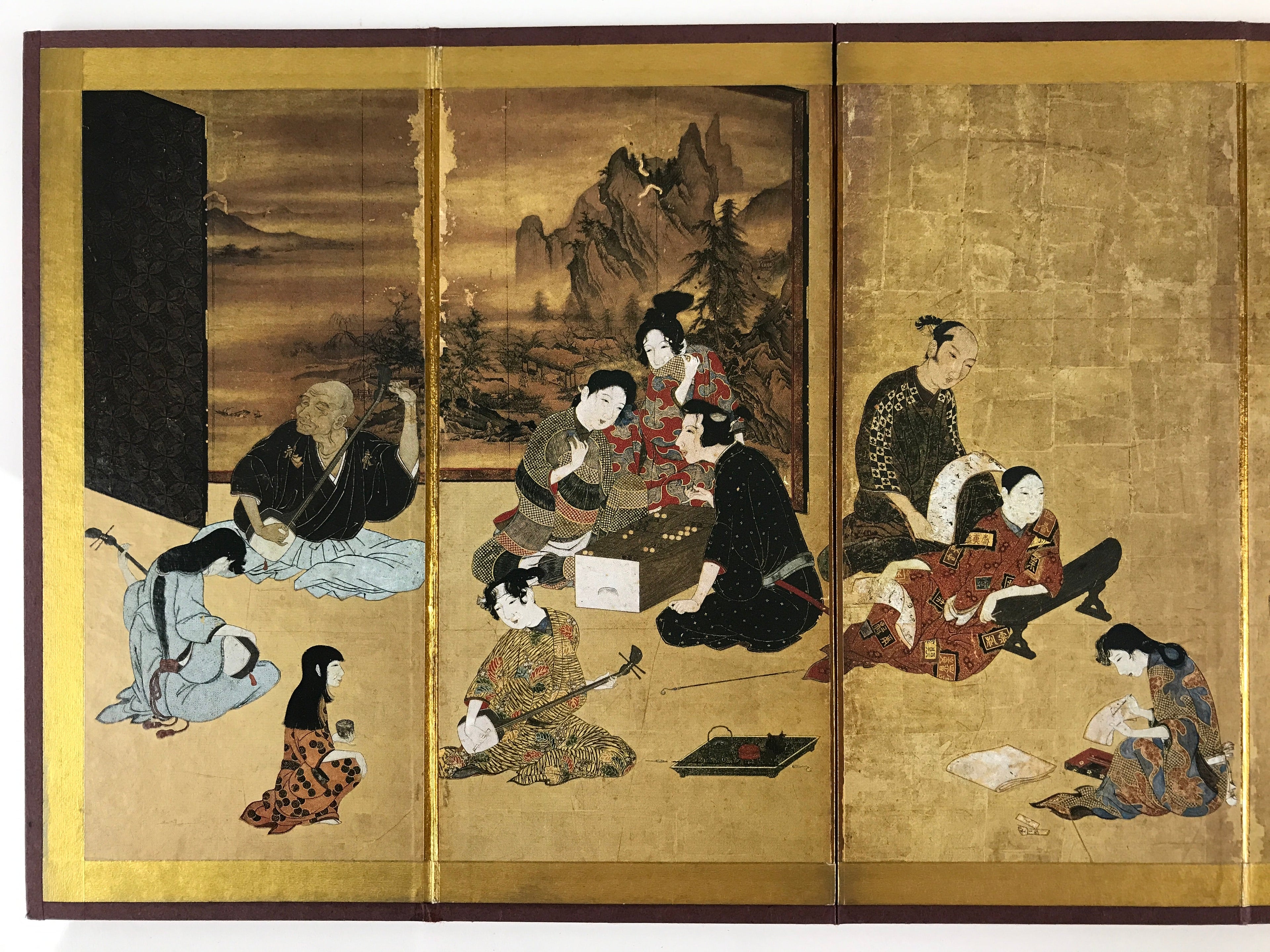 Japanese Miniature Furniture Hikone Byobu Vtg Gold Folding Screen Panel PX633