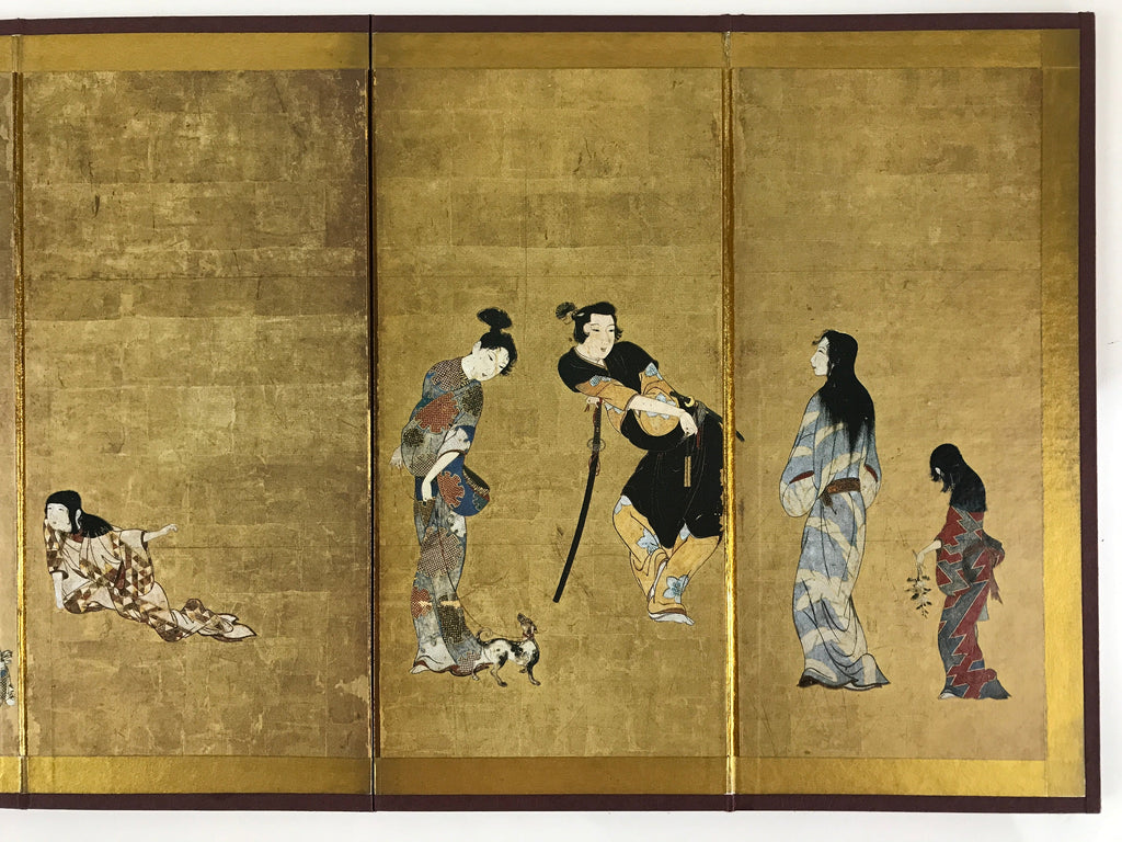 Japanese Miniature Furniture Hikone Byobu Vtg Gold Folding Screen Panel PX633