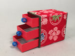 Japanese Miniature Paper Chest Box Vtg Red Floral Tansu Haribako 3 Drawers KF442