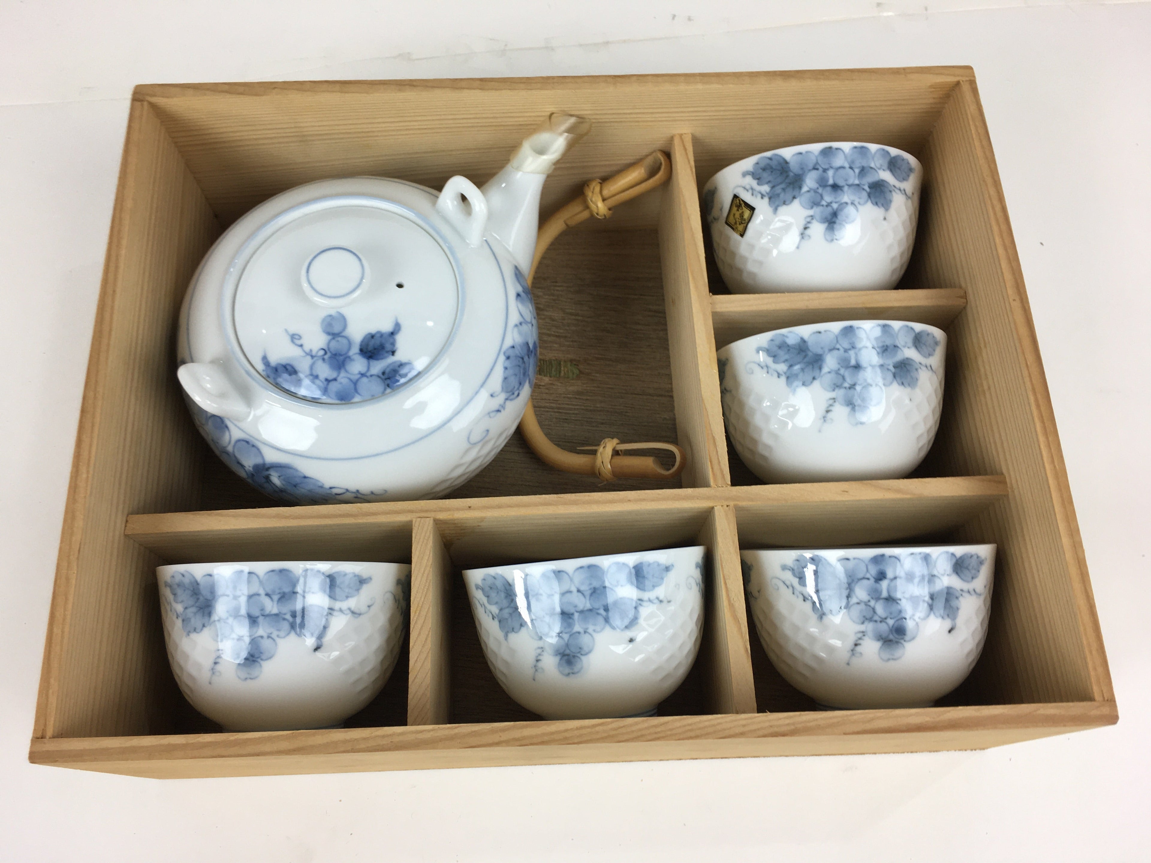 Japanese Mino Ware Cups Teapot Vtg Boxed Porcelain Yunomi Kyusu Sencha PX587