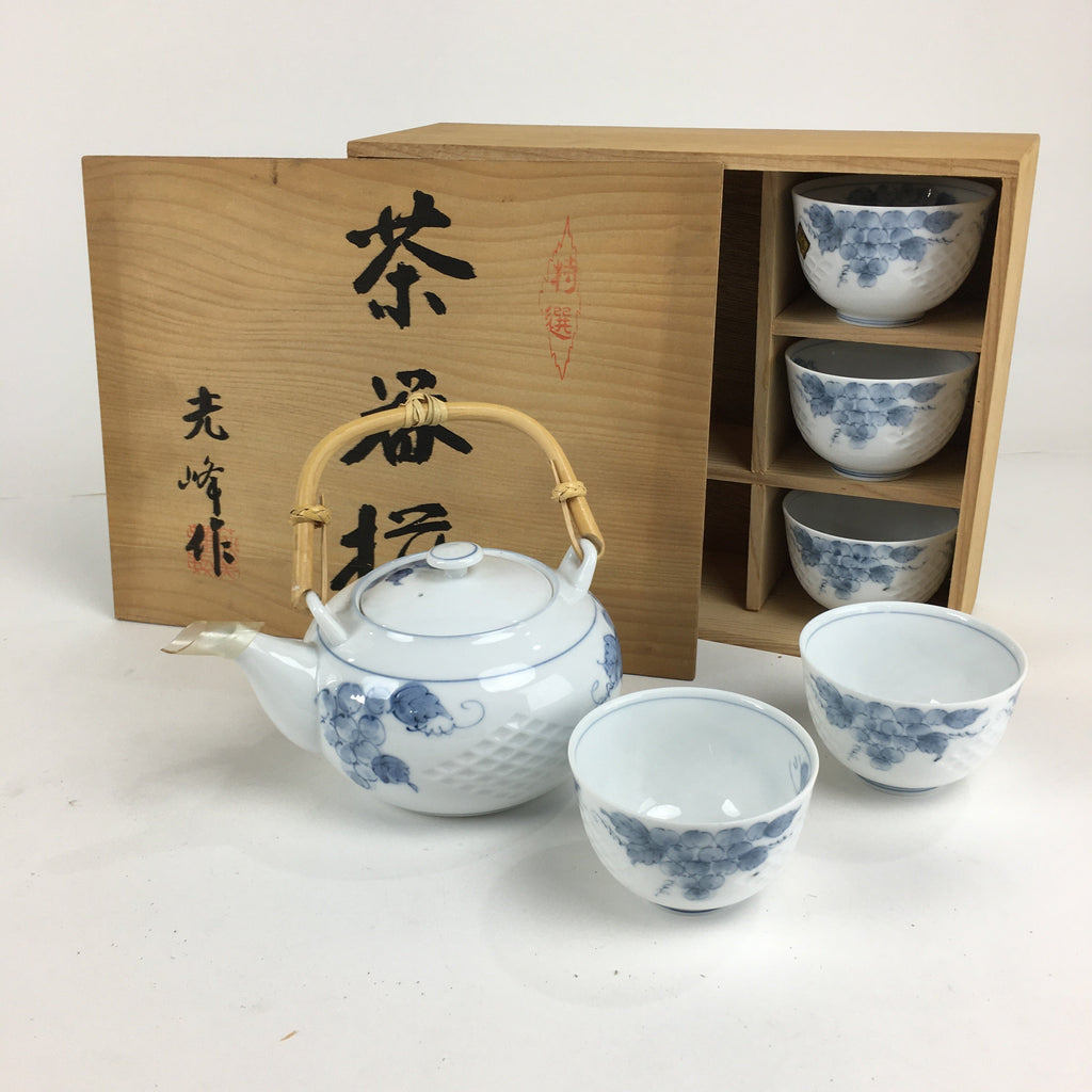 Japanese Mino Ware Cups Teapot Vtg Boxed Porcelain Yunomi Kyusu Sencha PX587