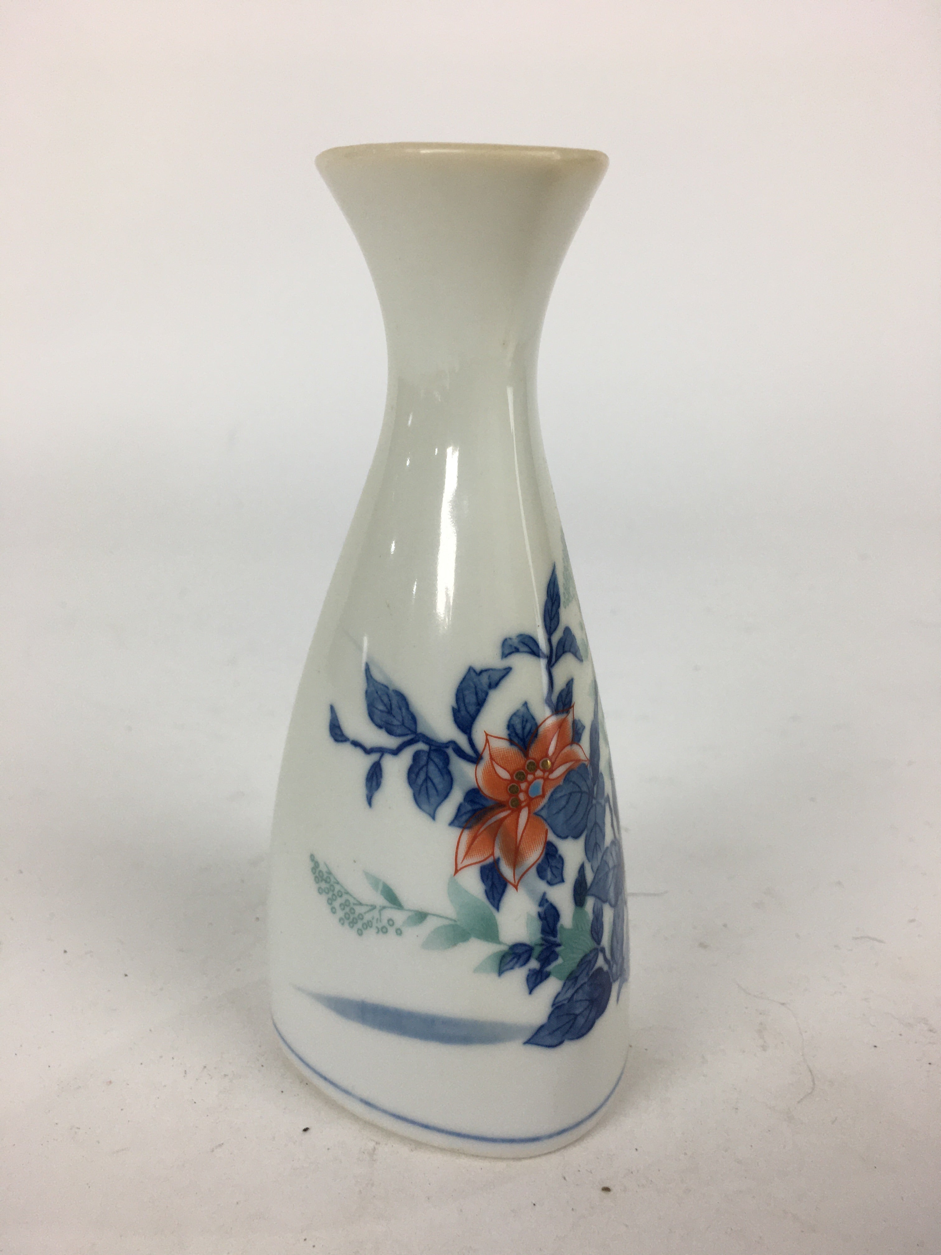 Japanese Mino Ware Porcelain Sake Bottle Vtg Flower Design White Tokkuri TS344