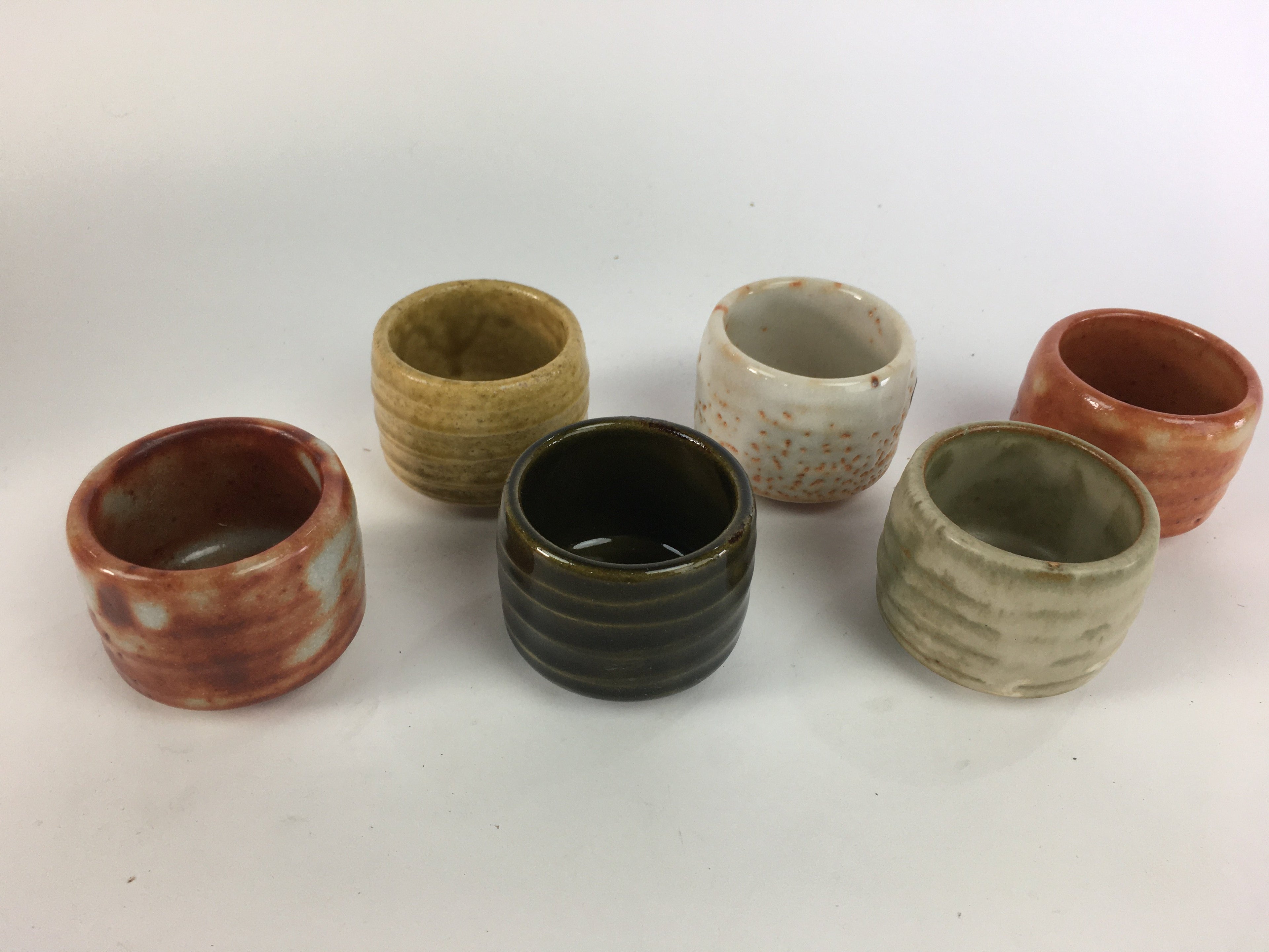 Japanese Mino ware Sake cup Set 6pc Vtg Box Guinomi Yunomi PX540