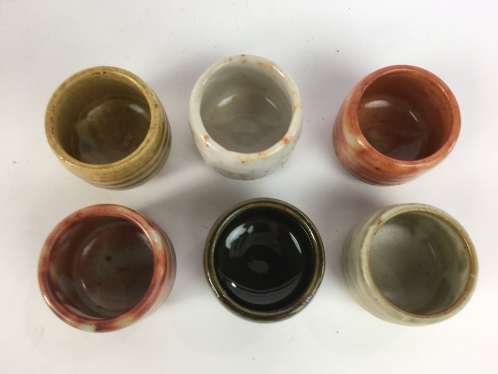 Japanese Mino ware Sake cup Set 6pc Vtg Box Guinomi Yunomi PX540