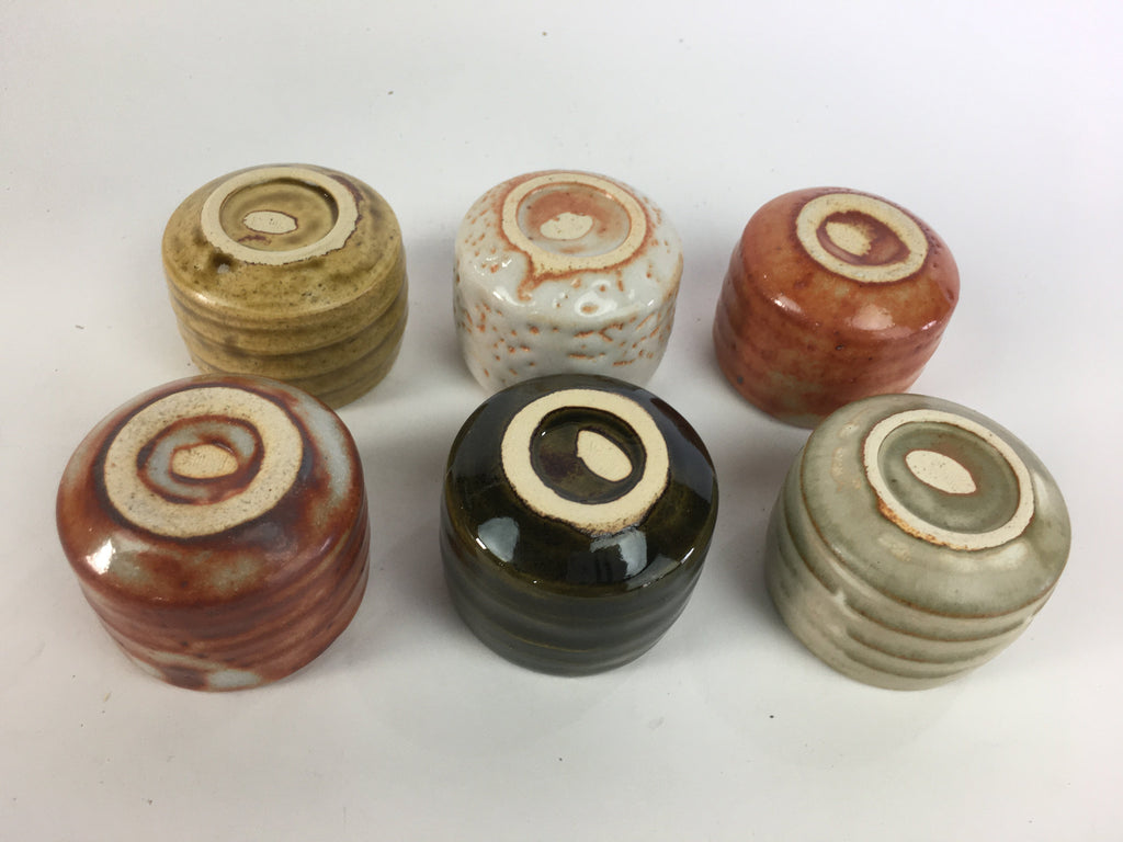Japanese Mino ware Sake cup Set 6pc Vtg Box Guinomi Yunomi PX540