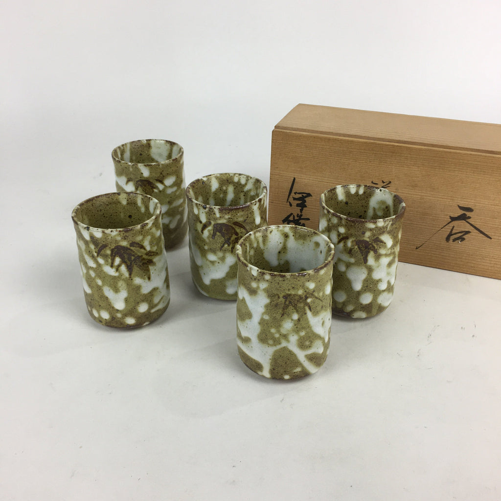 Japanese Mino ware Shozan Kiln Teacup Set 5pc Vtg Box Yunomi Sencha Bancha PX553